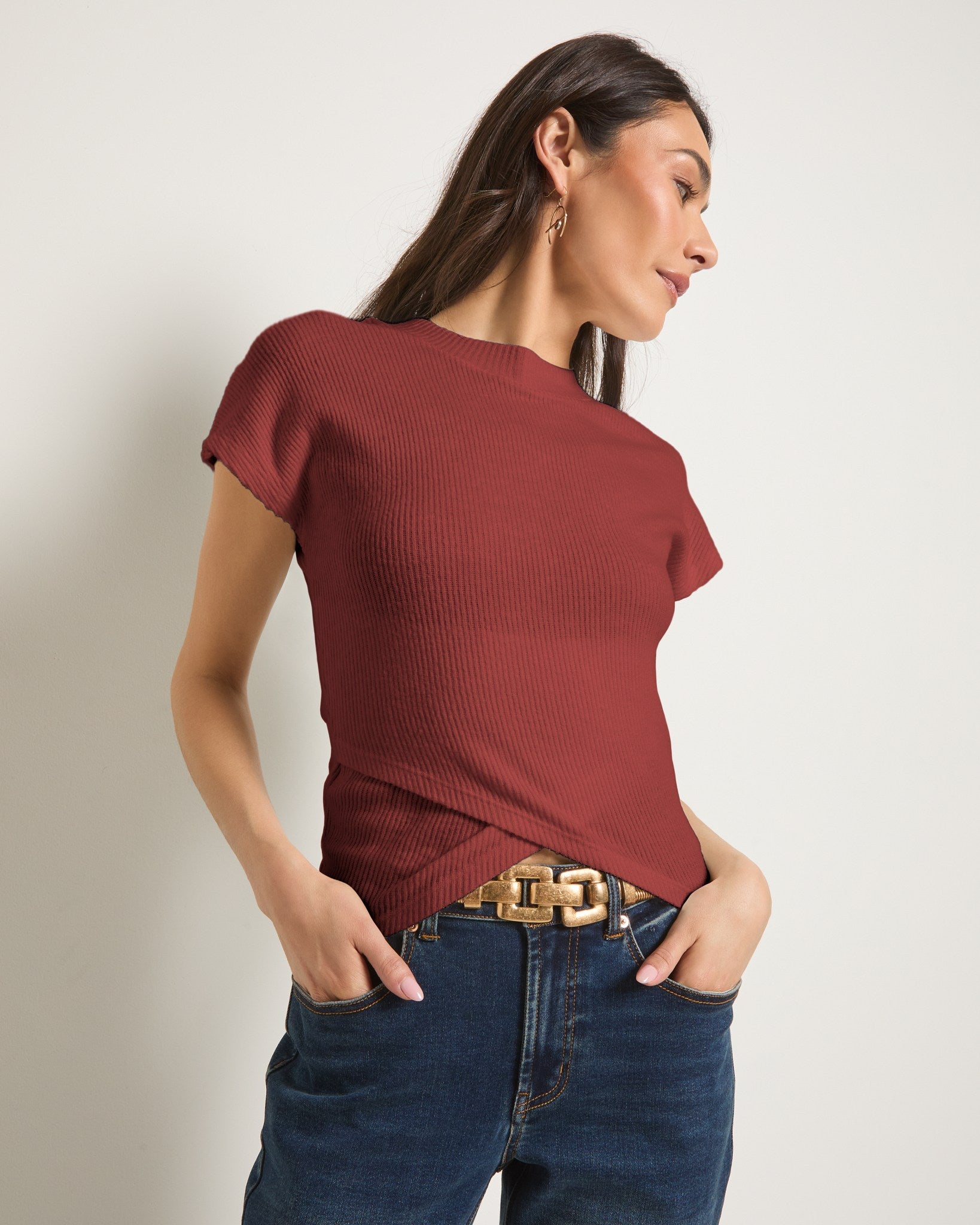 Mahogany $|& SEAS Desert Sky Mock Neck Top - SOF Front