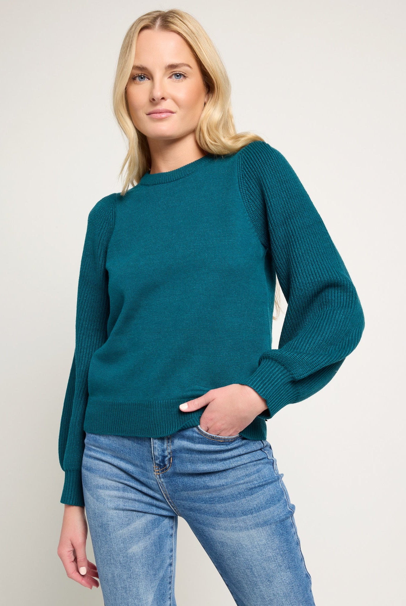 Deep Sea $|& SEAS Pacific Puff Shoulder Crew Neck Sweater - SOF Front