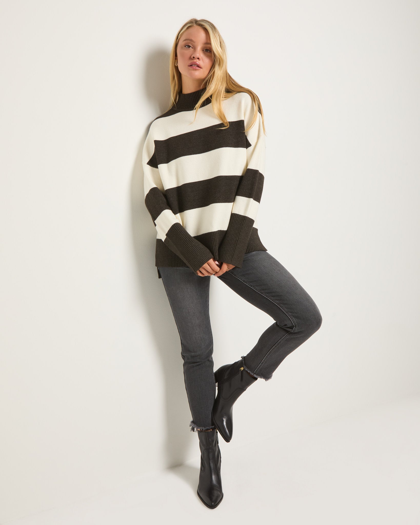 Heather Charcoal $|& SEAS Port Mock Neck Striped Sweater - UGC On Fig