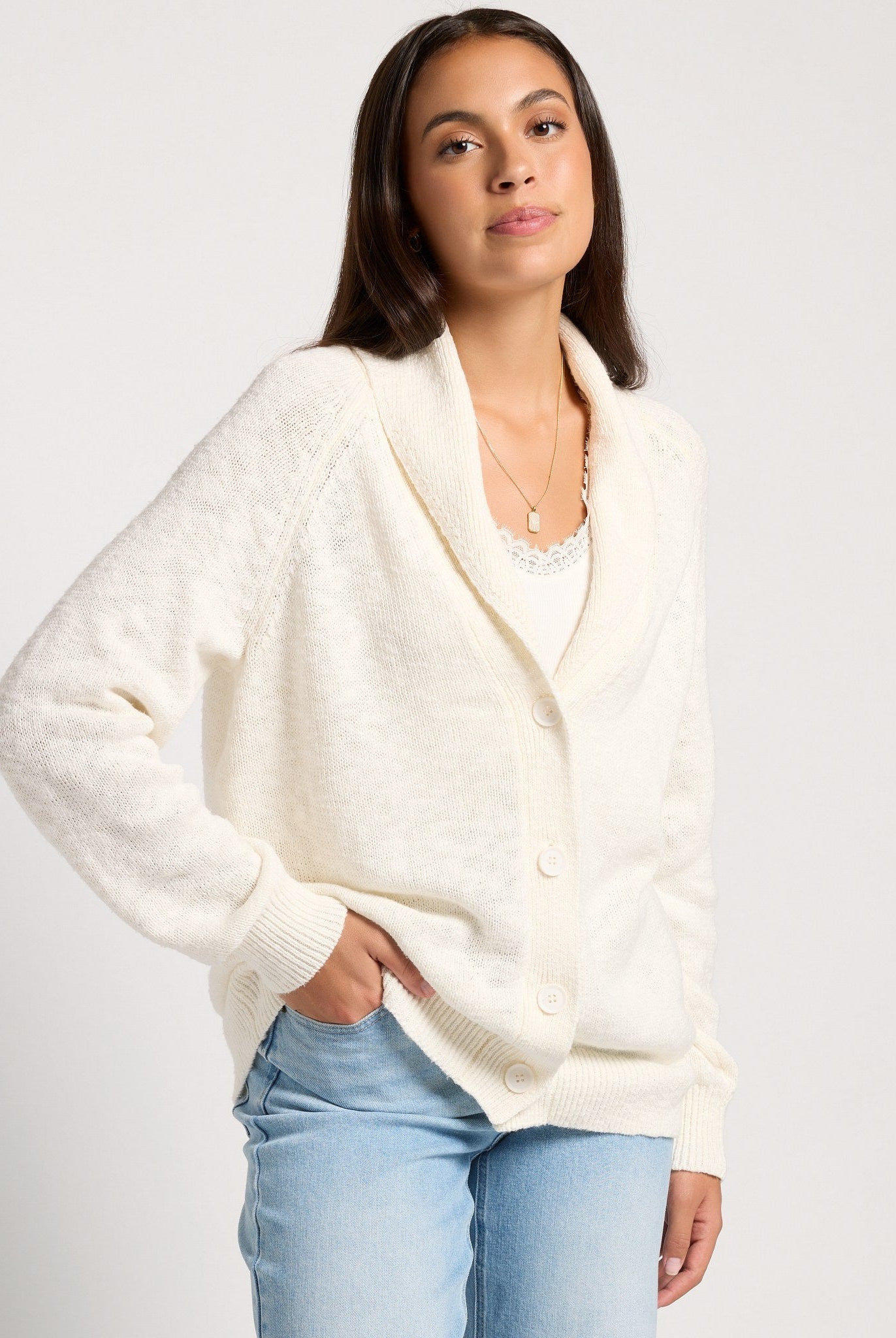 Cream $|& SEAS Aura Shawl Collar Cardigan - SOF Front