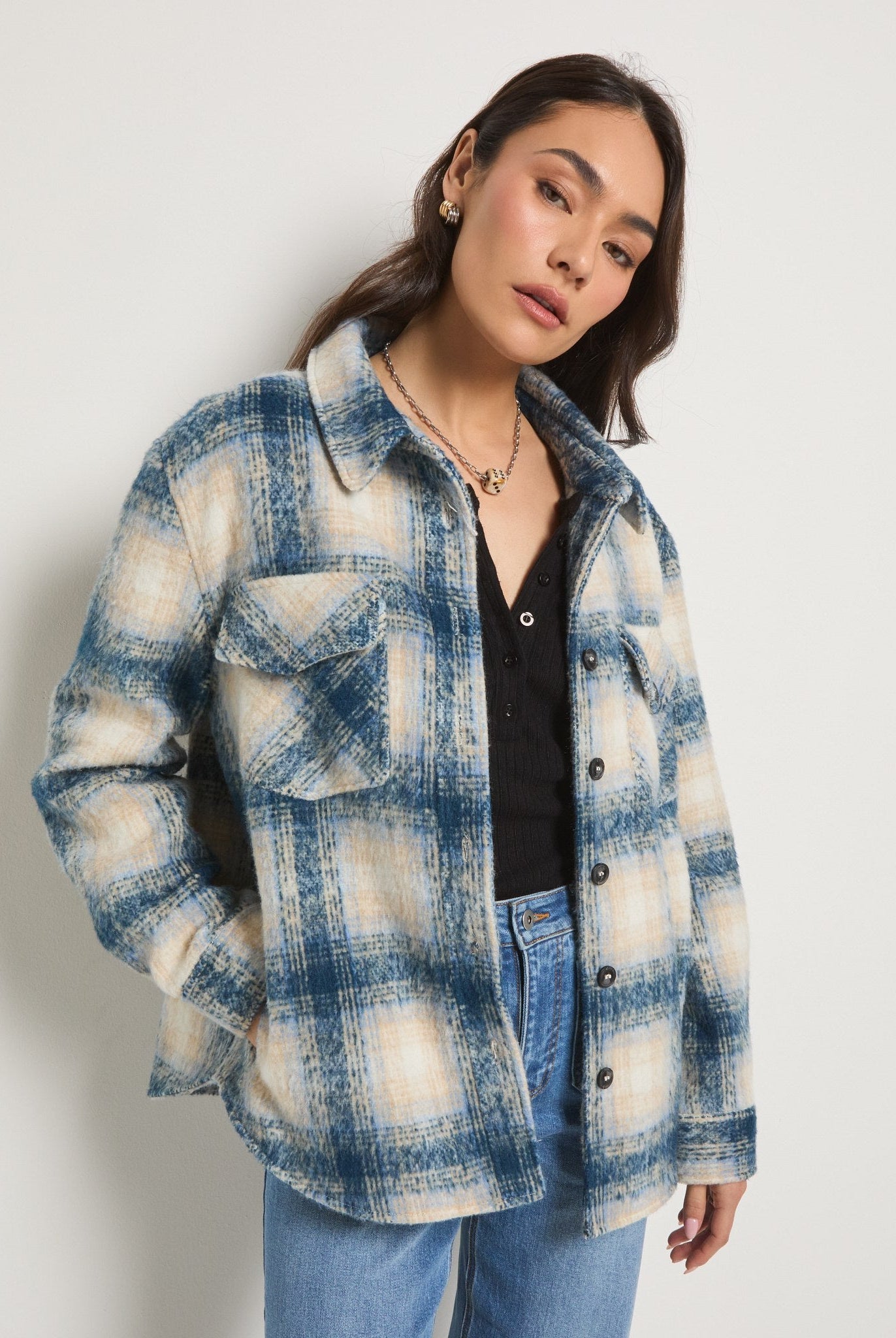Blue Plaid $|& SEAS Cozy Plaid Shacket - SOF Front