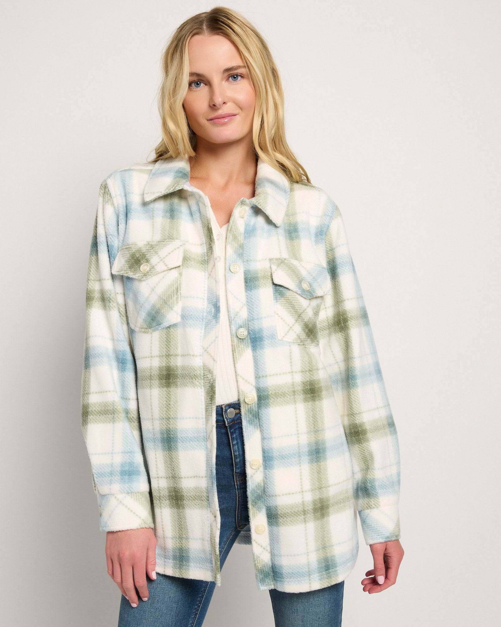 Olive Branch Plaid $|& SEAS Gemma Microfleece Shacket - SOF Front
