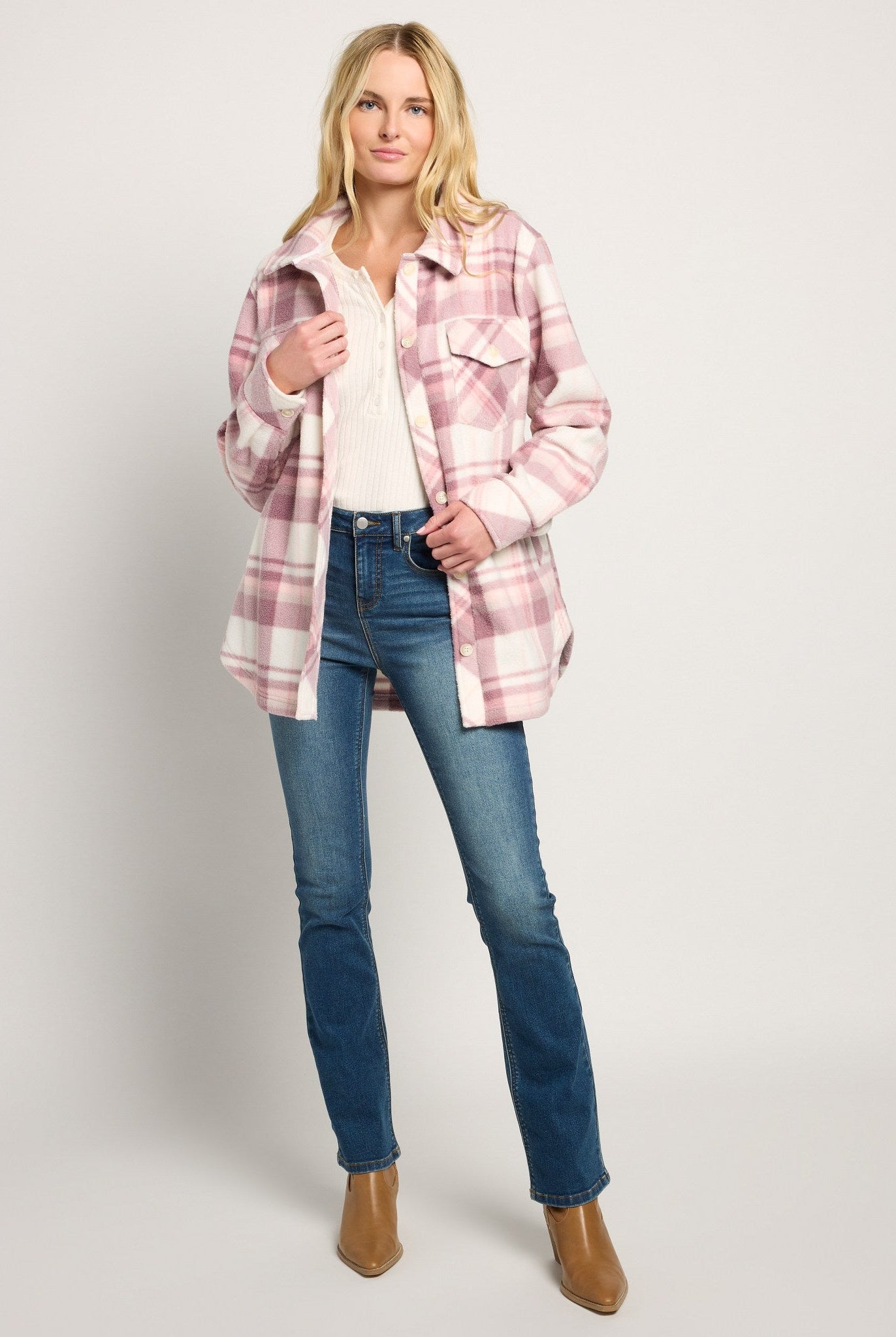 Pink Plaid $|& SEAS Gemma Microfleece Shacket - UGC On Fig