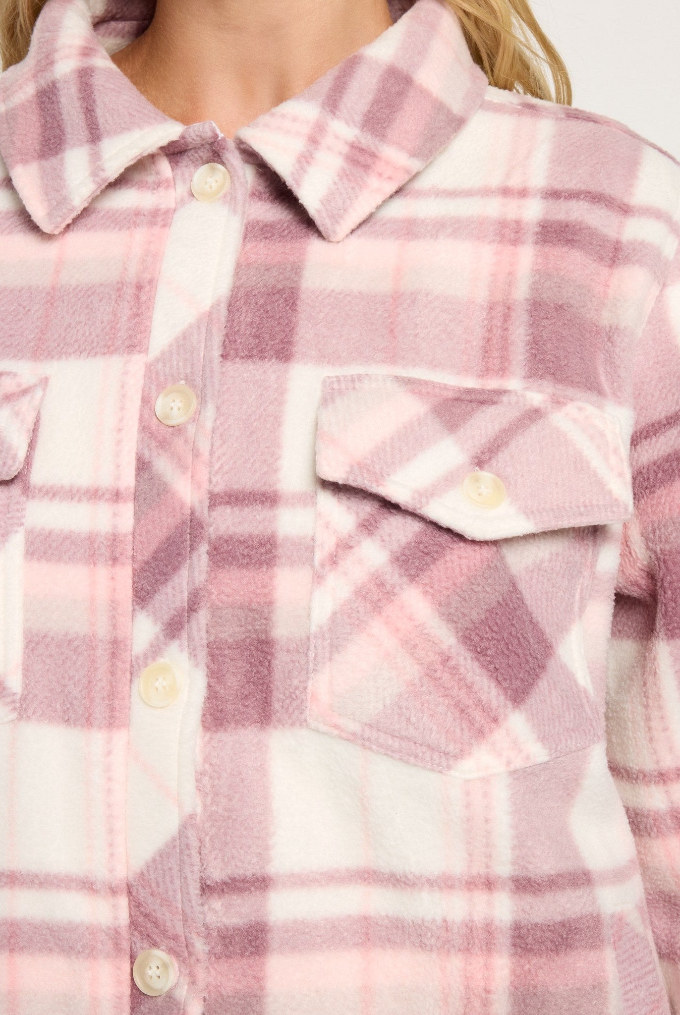 Pink Plaid $|& SEAS Gemma Microfleece Shacket - SOF Full Front