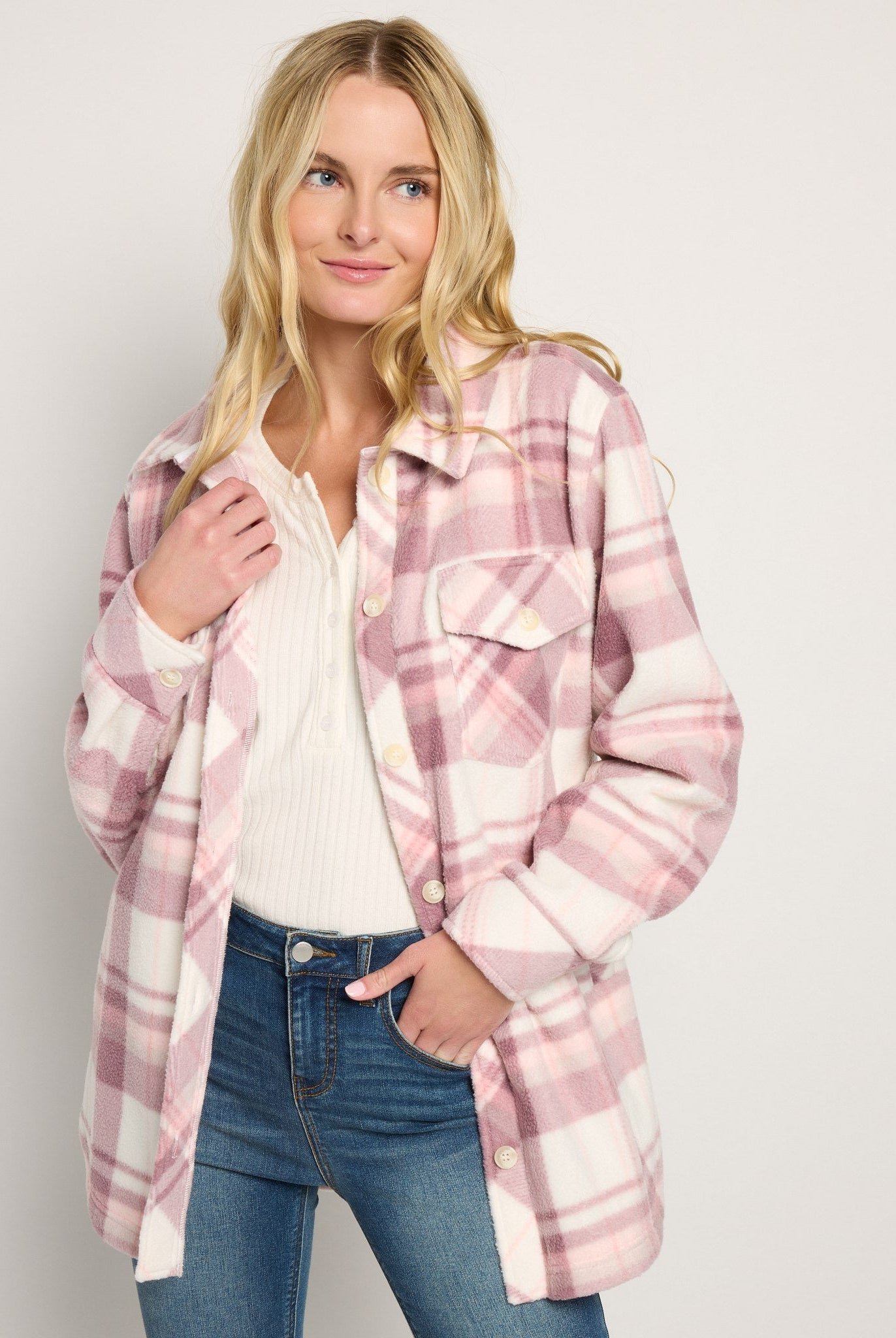 Pink Plaid $|& SEAS Gemma Microfleece Shacket - SOF Front
