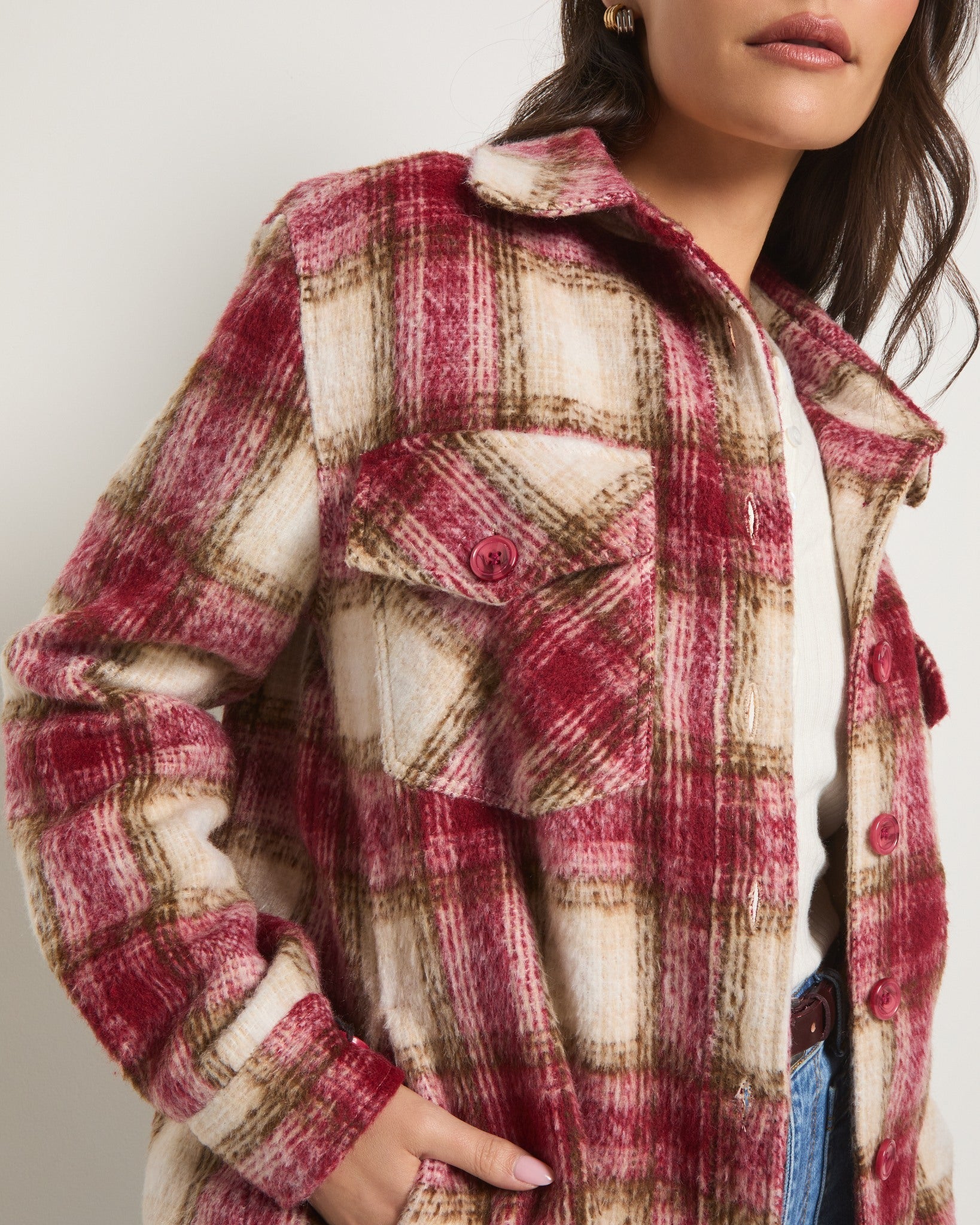 Red Plaid $|& SEAS Cozy Plaid Shacket - SOF Full Front