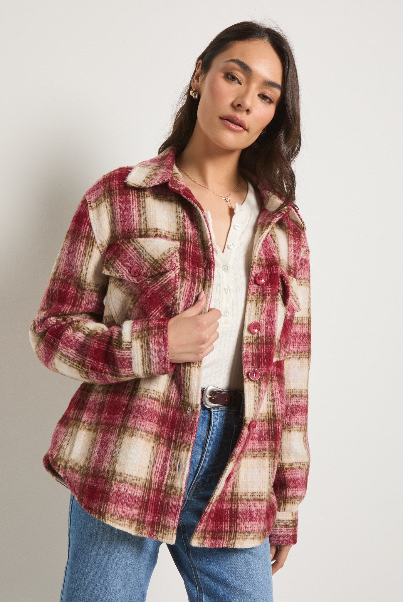 Red Plaid $|& SEAS Cozy Plaid Shacket - SOF Front