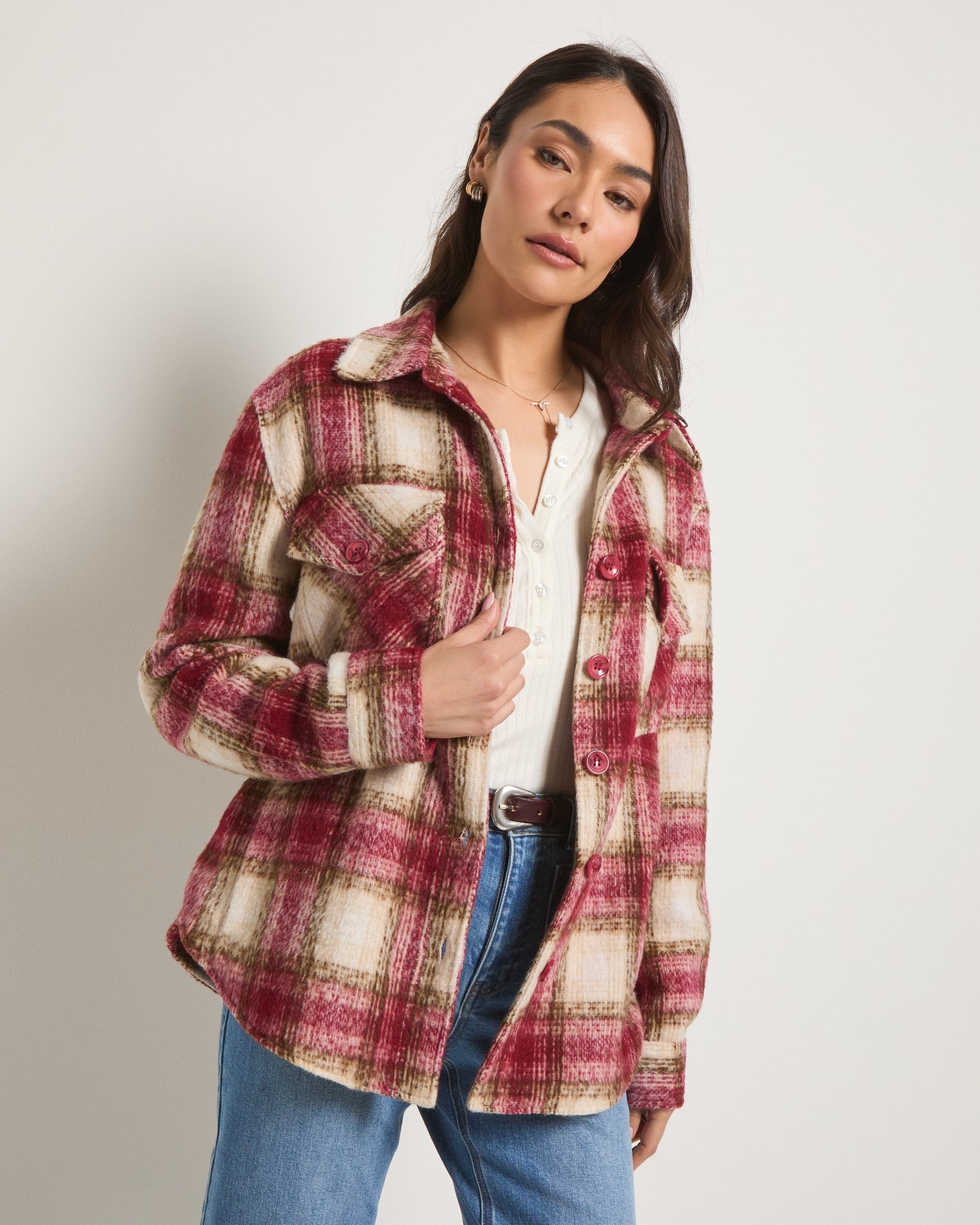 Red Plaid $|& SEAS Cozy Plaid Shacket - SOF Front