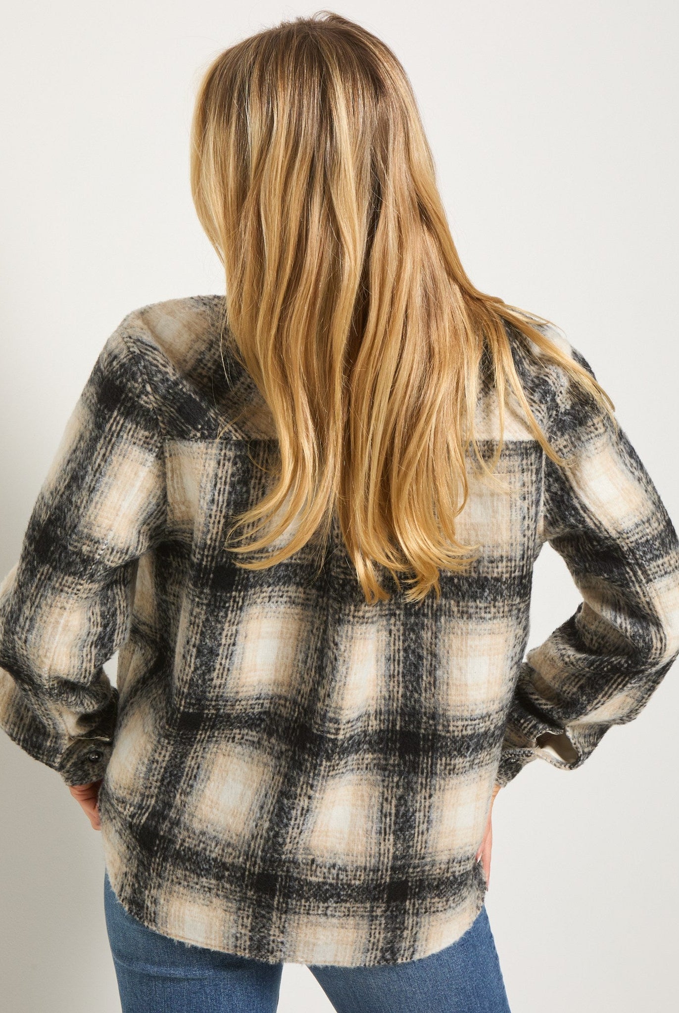 Black Plaid $|& SEAS Cozy Plaid Shacket - SOF Back