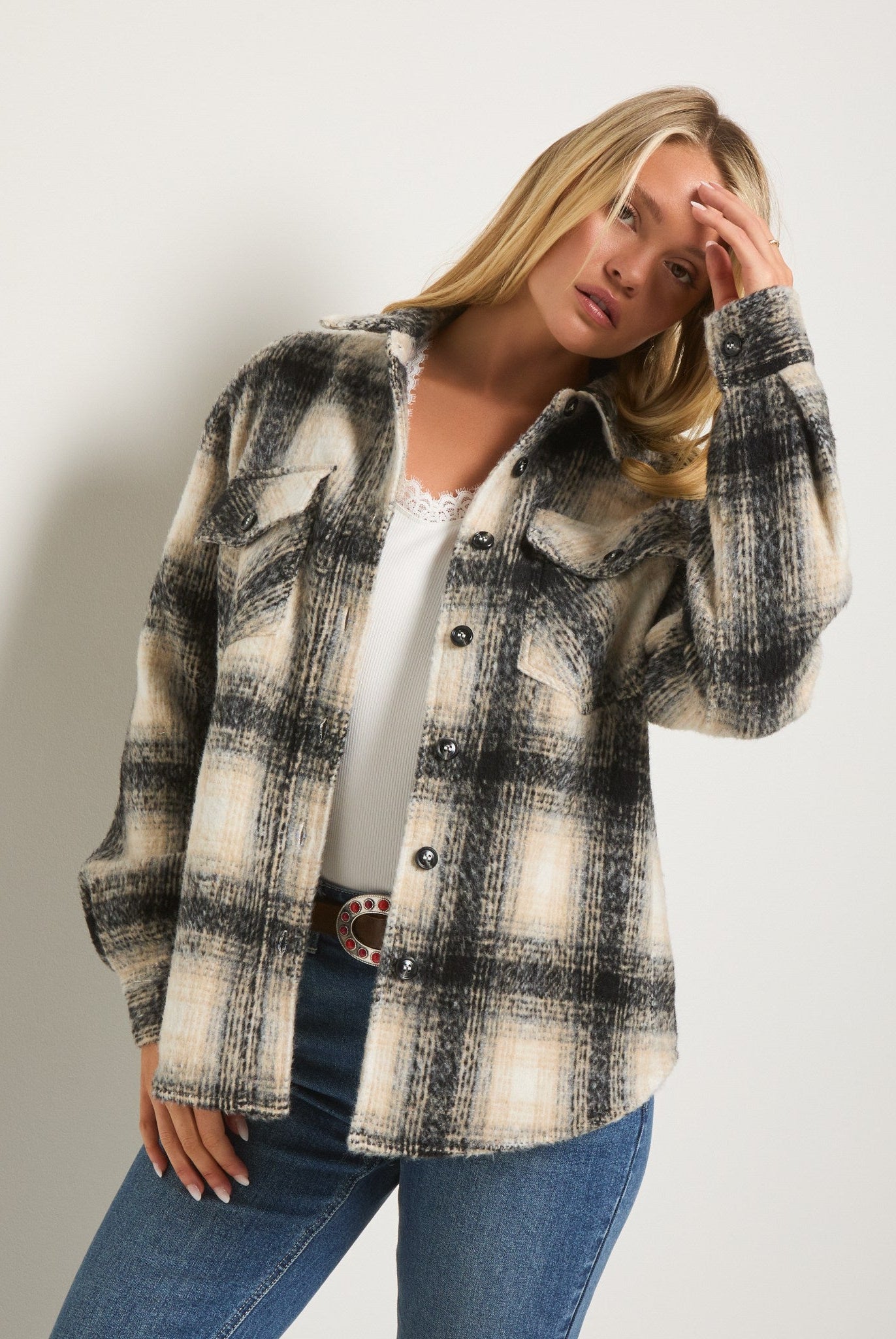 Black Plaid $|& SEAS Cozy Plaid Shacket - SOF Front