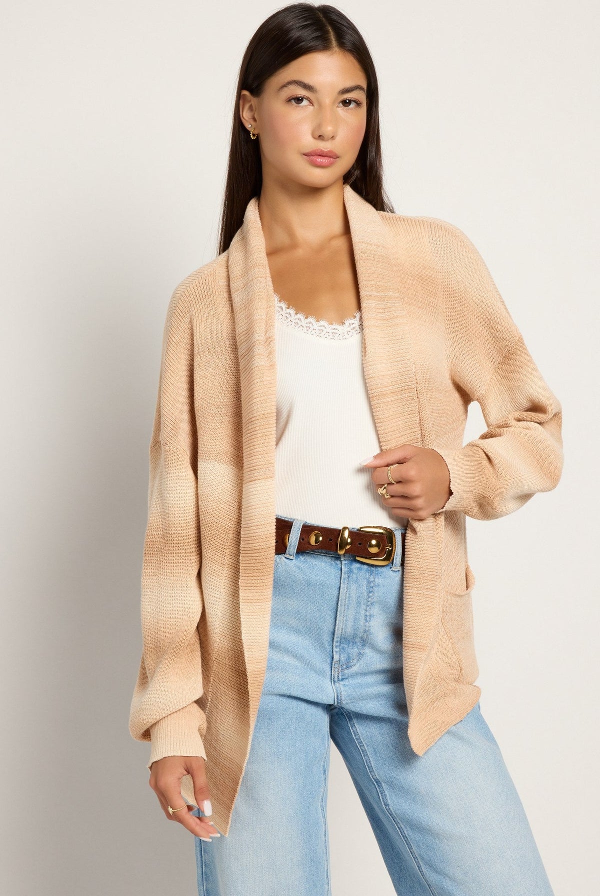 Light Toffee $|& SEAS Sapphire Spacedye Cardigan - SOF Front