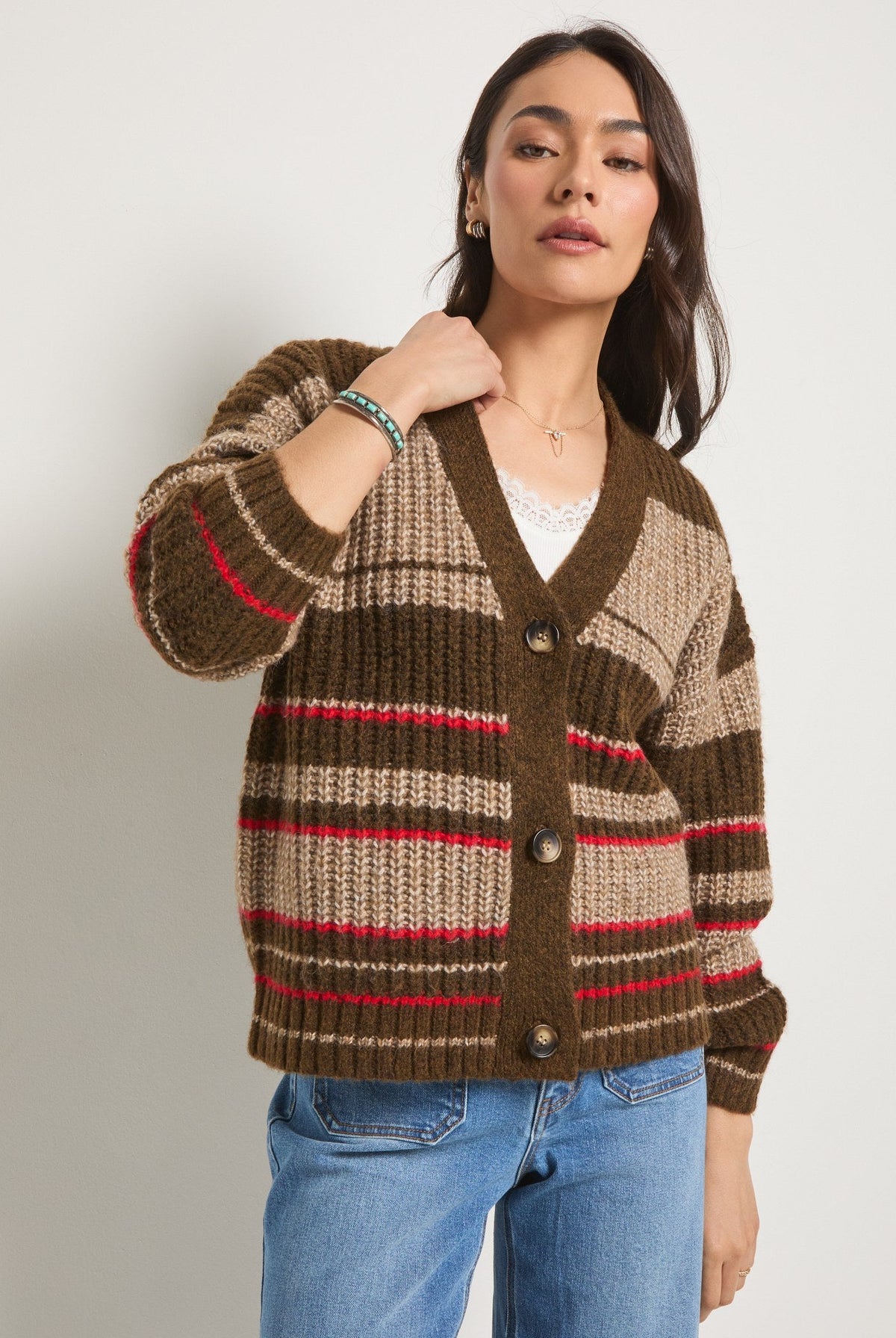 Mahogany Stripe $|& SEAS Crystal Canyon Striped Cardigan - SOF Full Front