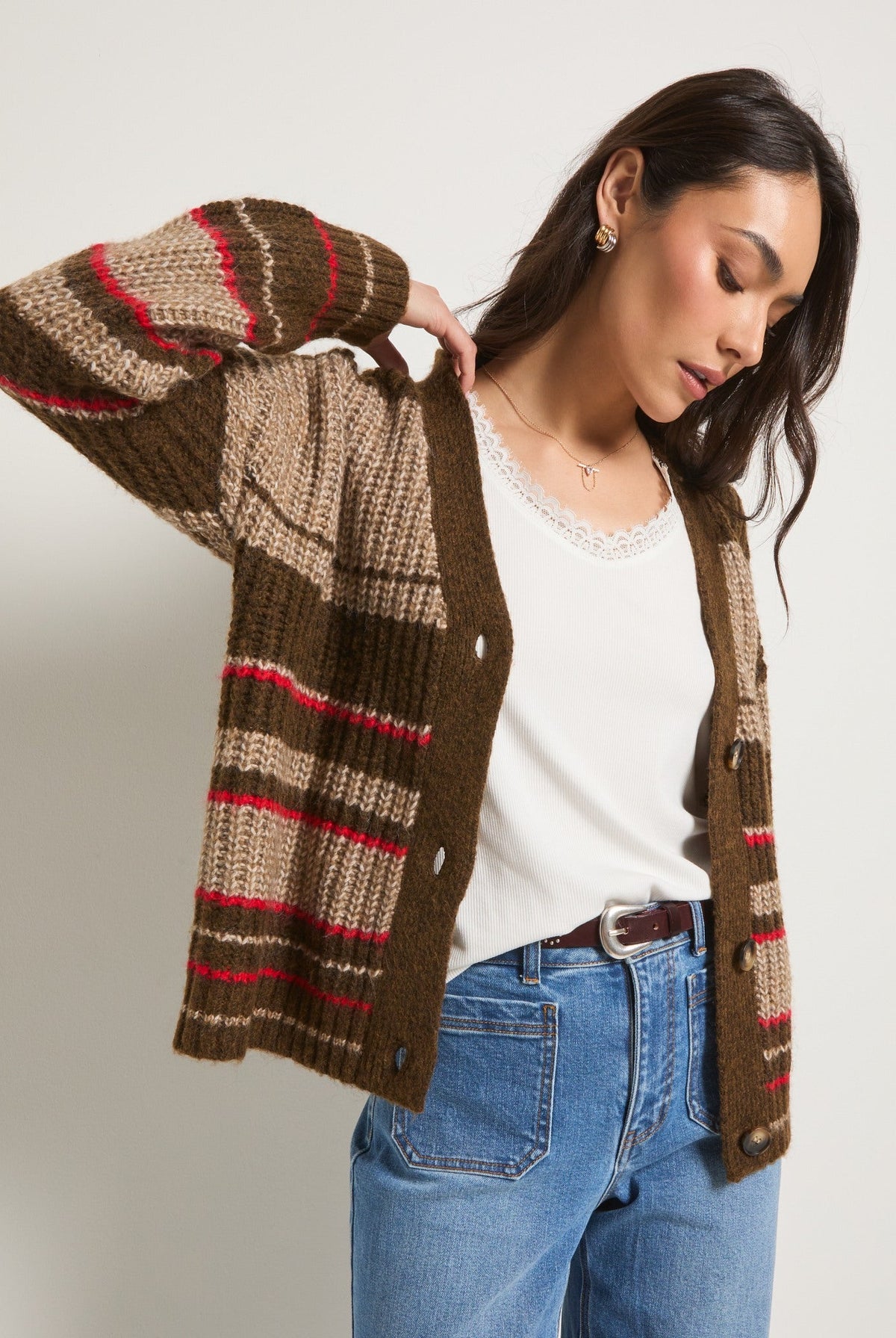 Mahogany Stripe $|& SEAS Crystal Canyon Striped Cardigan - SOF Front