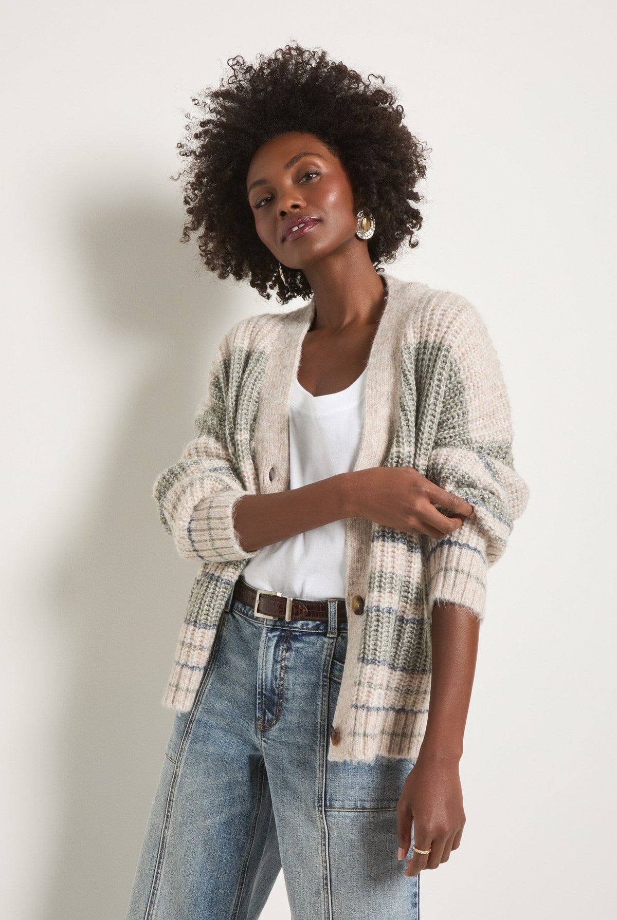 Olive Branch Stripe $|& SEAS Crystal Canyon Striped Cardigan - SOF Front
