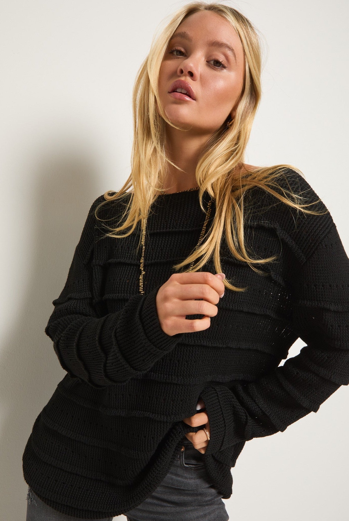 Black $|& SEAS Shayna Ruffle Sweater - SOF Front
