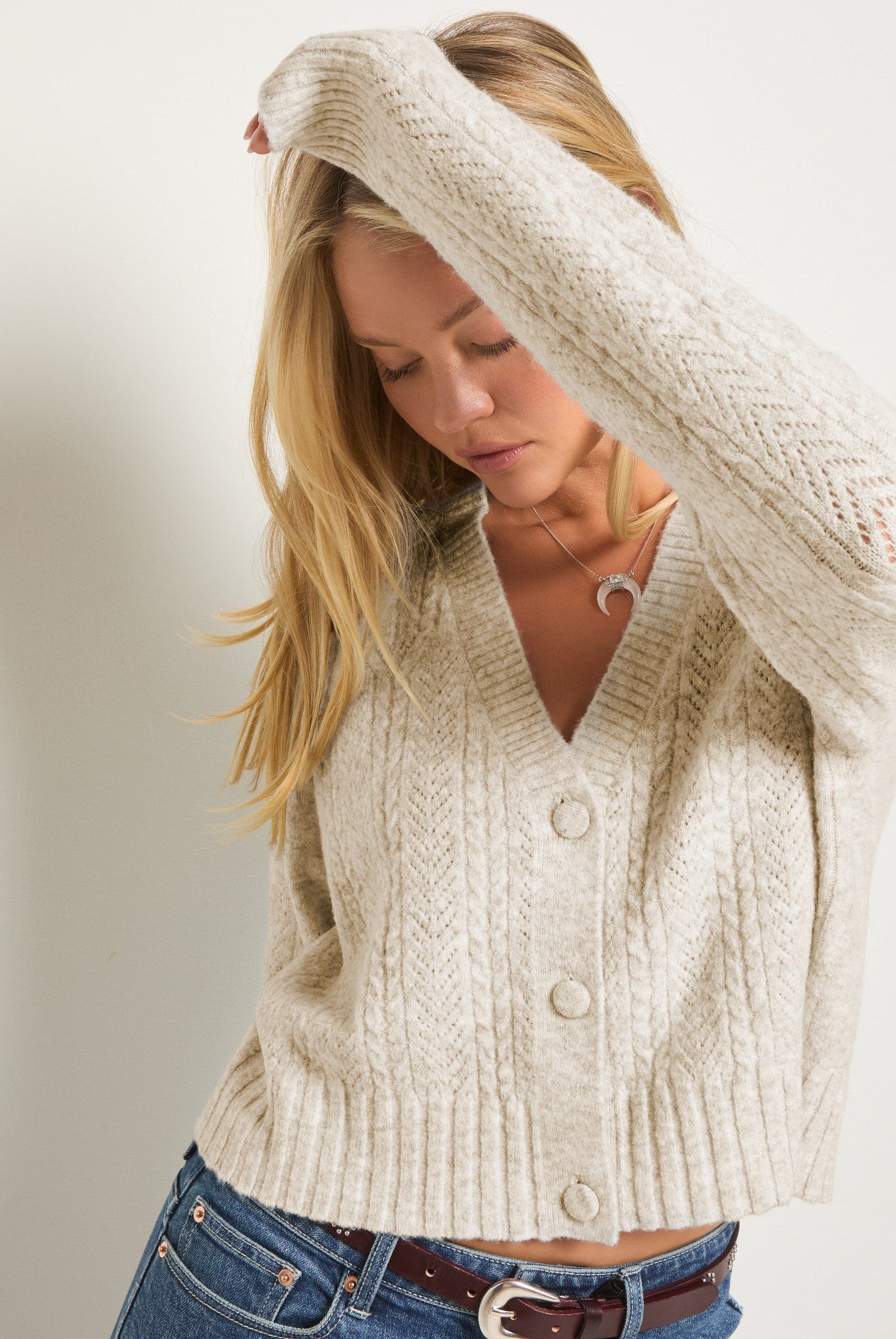 Cream $|& SEAS Whisper Pointelle Cardigan - SOF Full Front