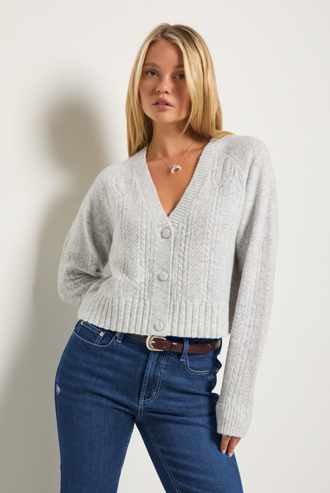Heather Grey $|& SEAS Whisper Pointelle Cardigan - SOF Front