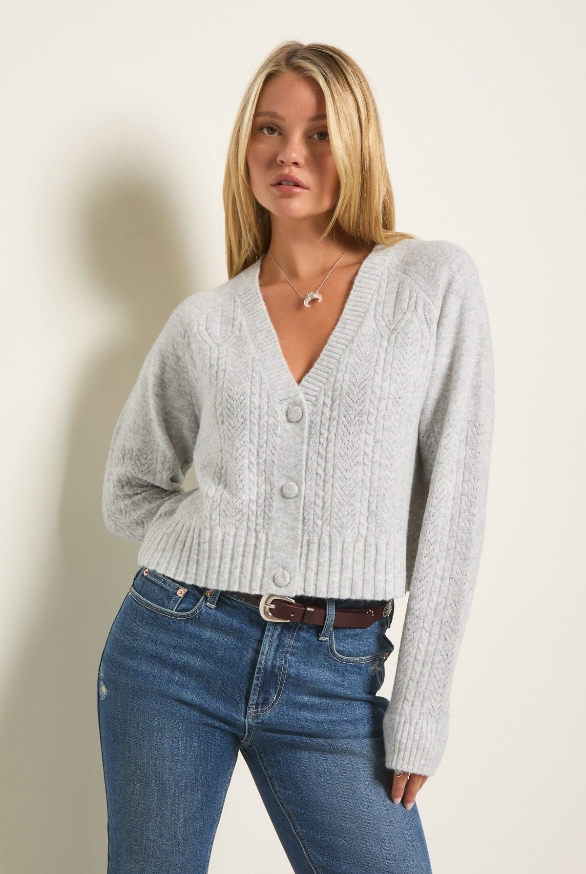 Heather Grey $|& SEAS Whisper Pointelle Cardigan - SOF Front