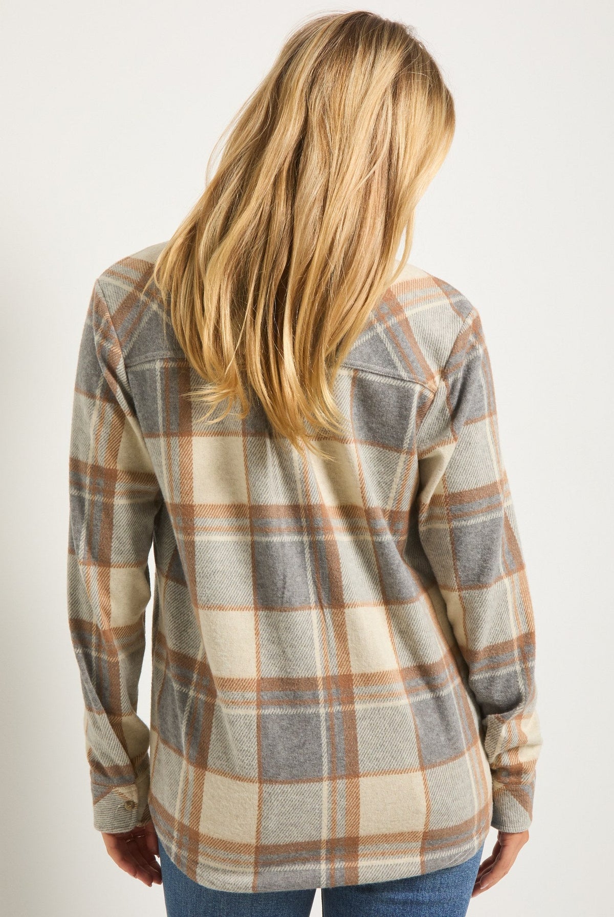 Cream/Grey Plaid $|& SEAS Sunset Plaid Knit Top - SOF Back