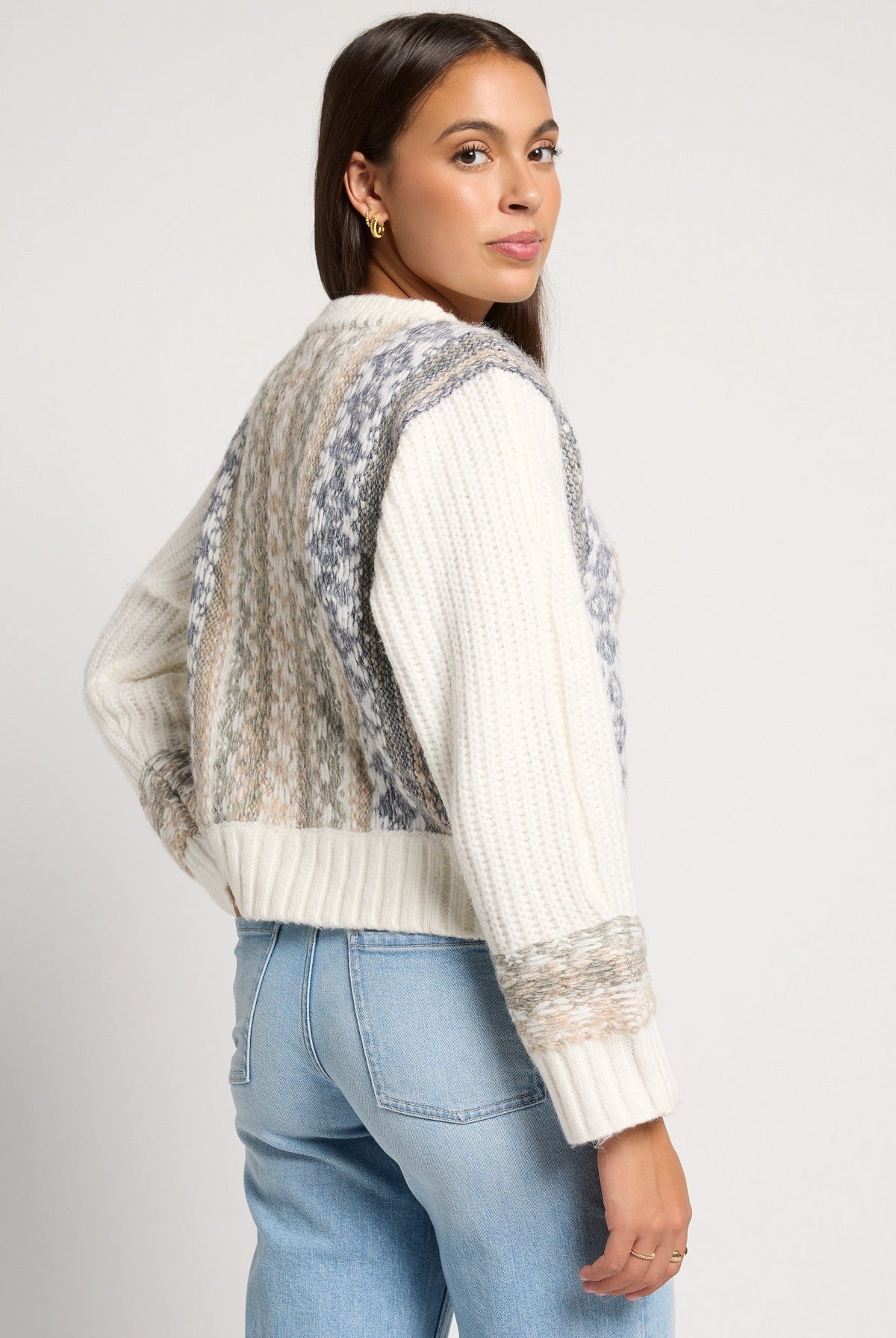 Cream $|& SEAS River Rock Jacquard Cardigan - SOF Back