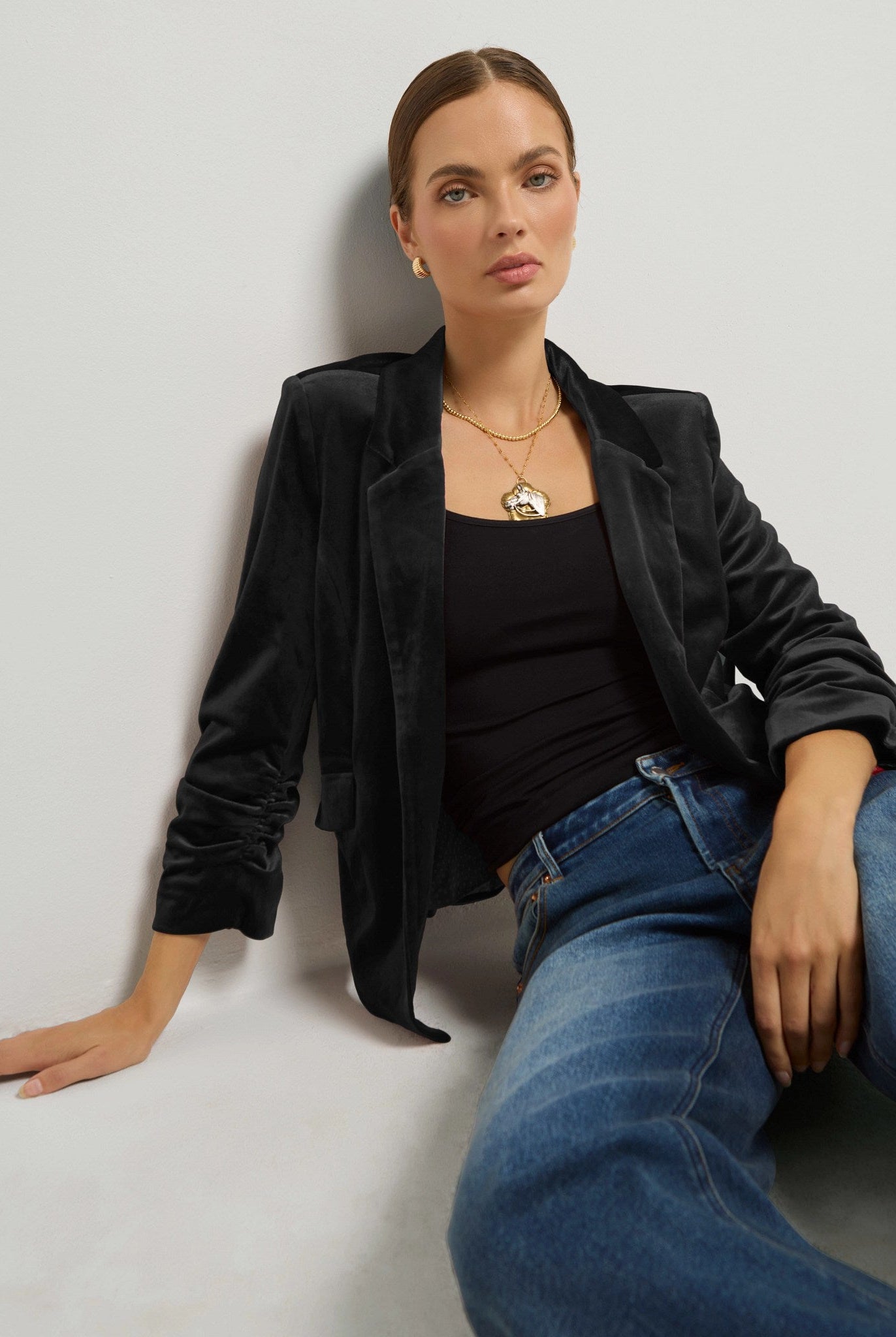 Black $|& SEAS Aries Ruched Sleeve Blazer - SOF Full Front