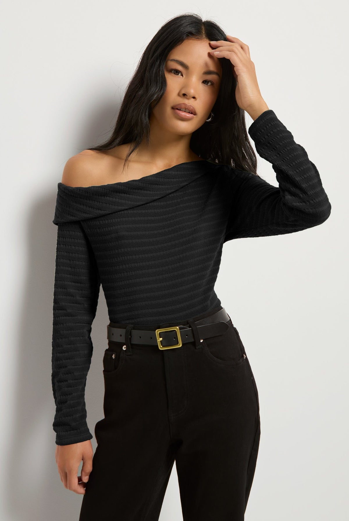 Black $|& SEAS Marigold One Shoulder Top - SOF Front
