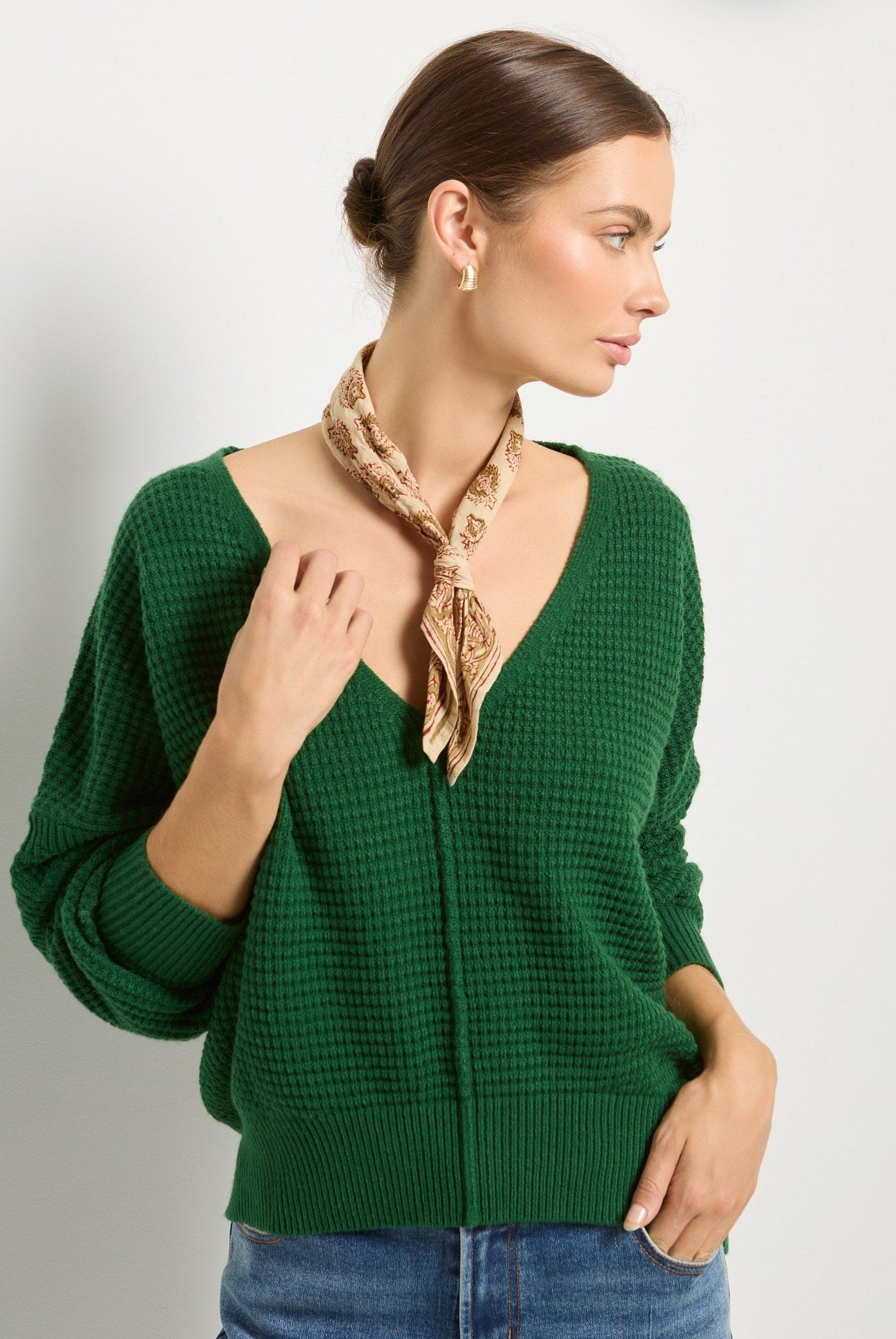 Turf Green $|& SEAS Lotus V-Neck Sweater - SOF Full Front