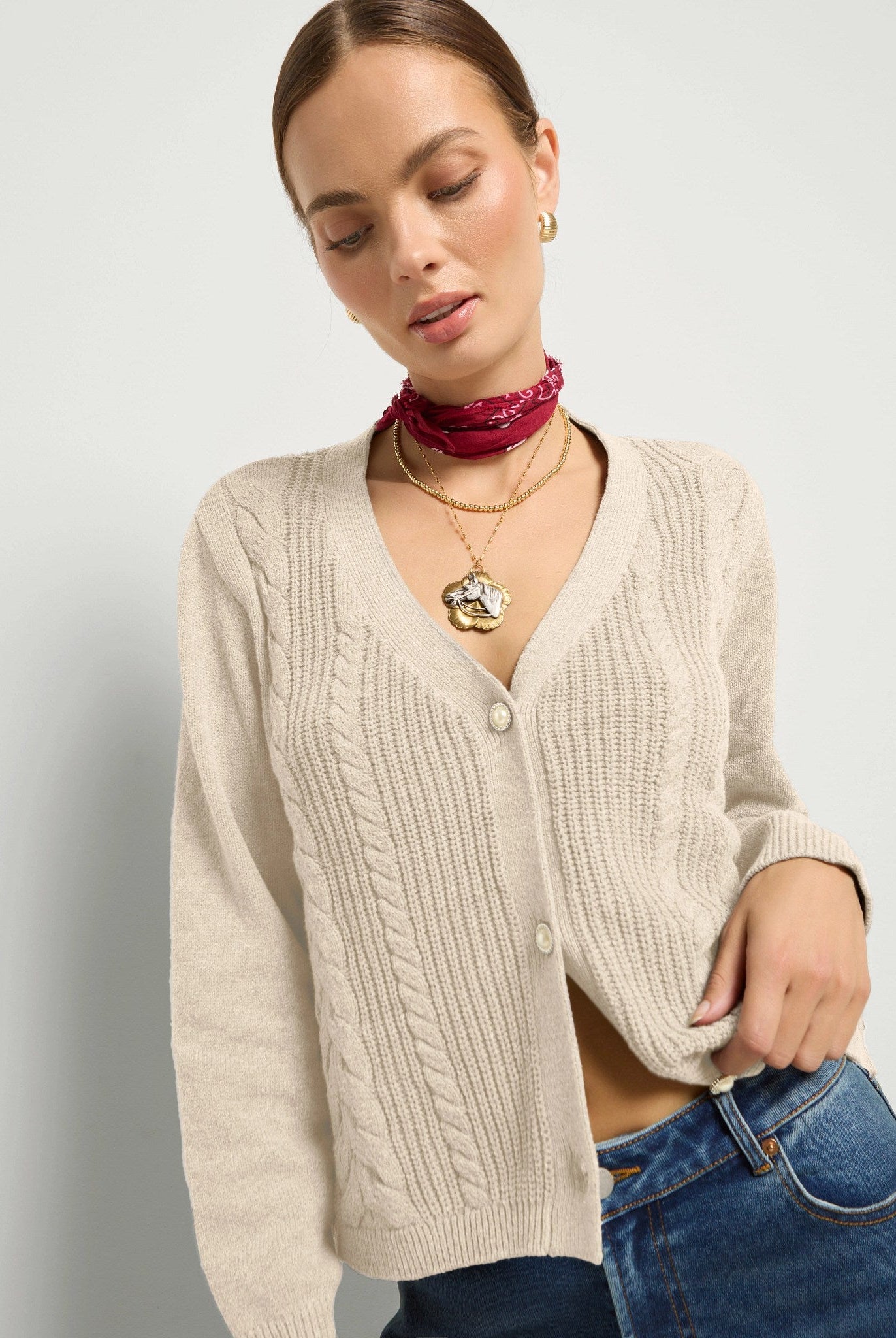 Heather Cream $|& SEAS Amethyst Cable Cardigan - SOF Full Front