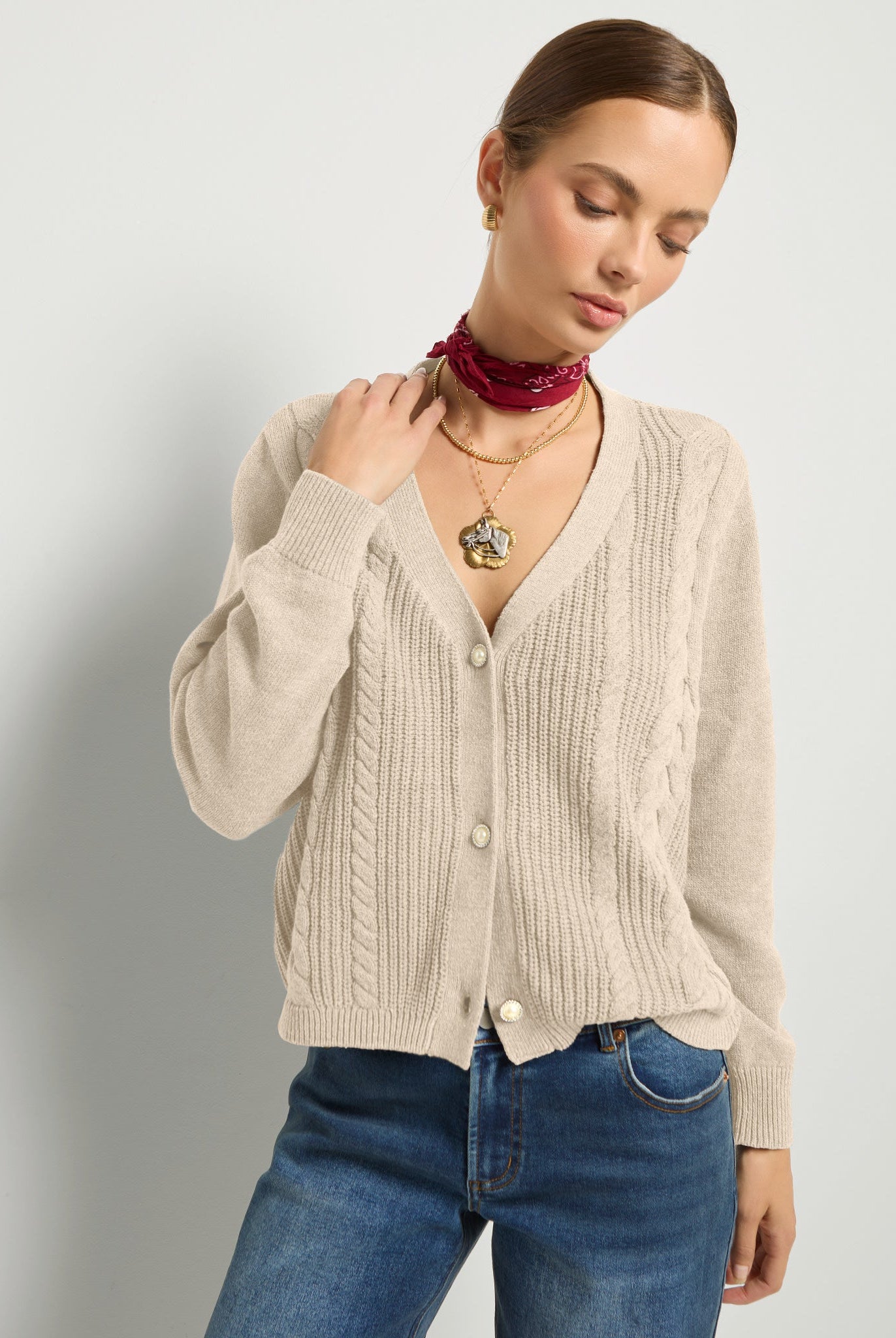 Heather Cream $|& SEAS Amethyst Cable Cardigan - SOF Front