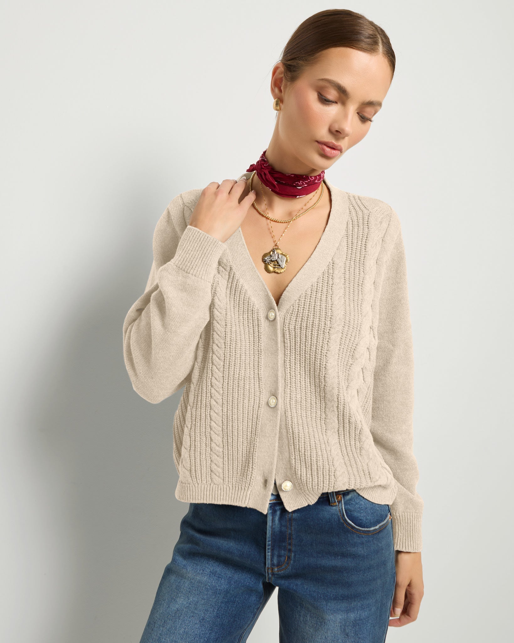 Heather Cream $|& SEAS Amethyst Cable Cardigan - SOF Front