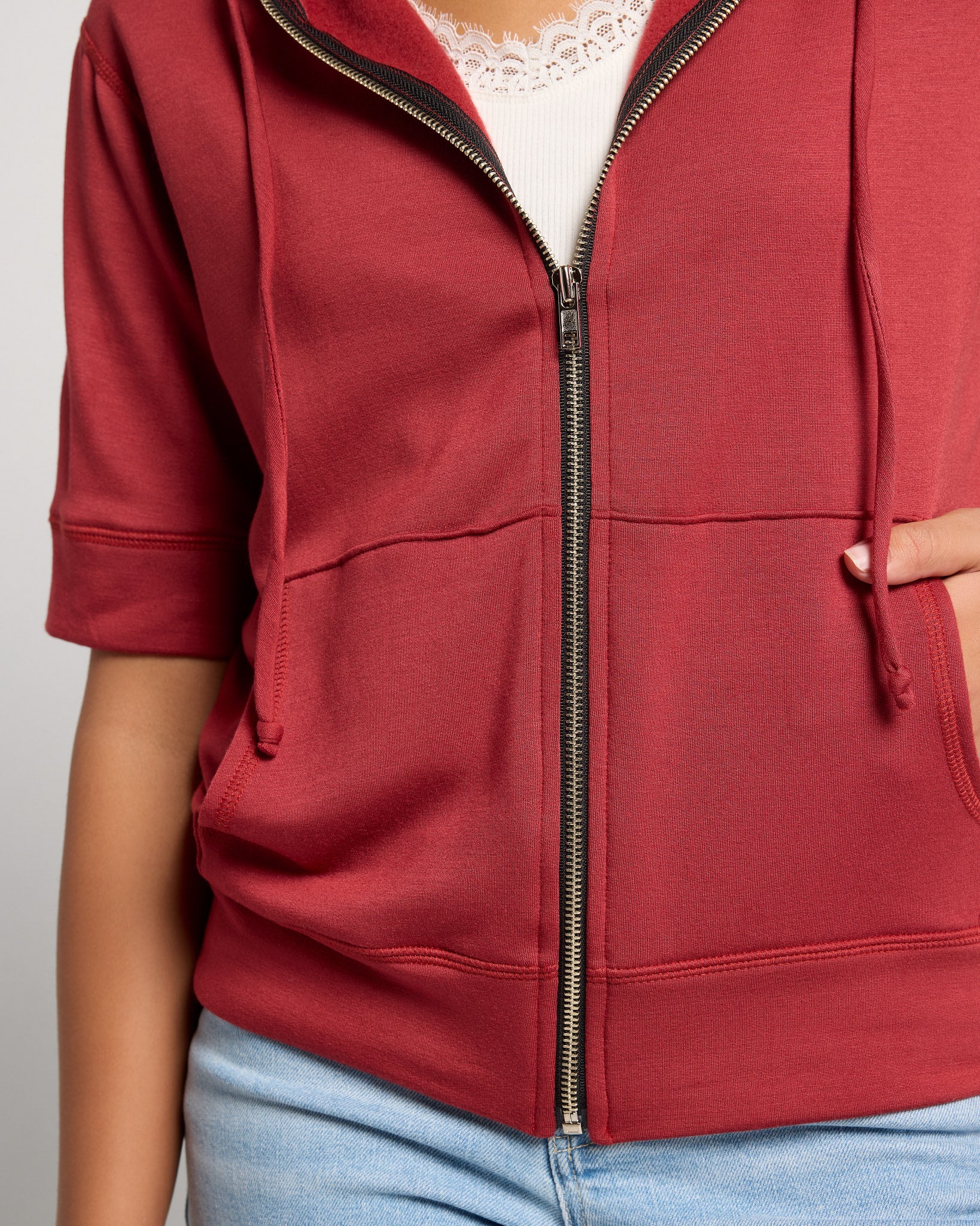 Rosewood $|& SEAS Short Sleeve Fleece Zip Up - SOF Full Front