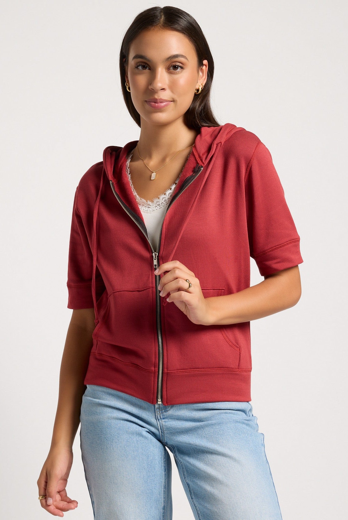 Rosewood $|& SEAS Short Sleeve Fleece Zip Up - SOF Front