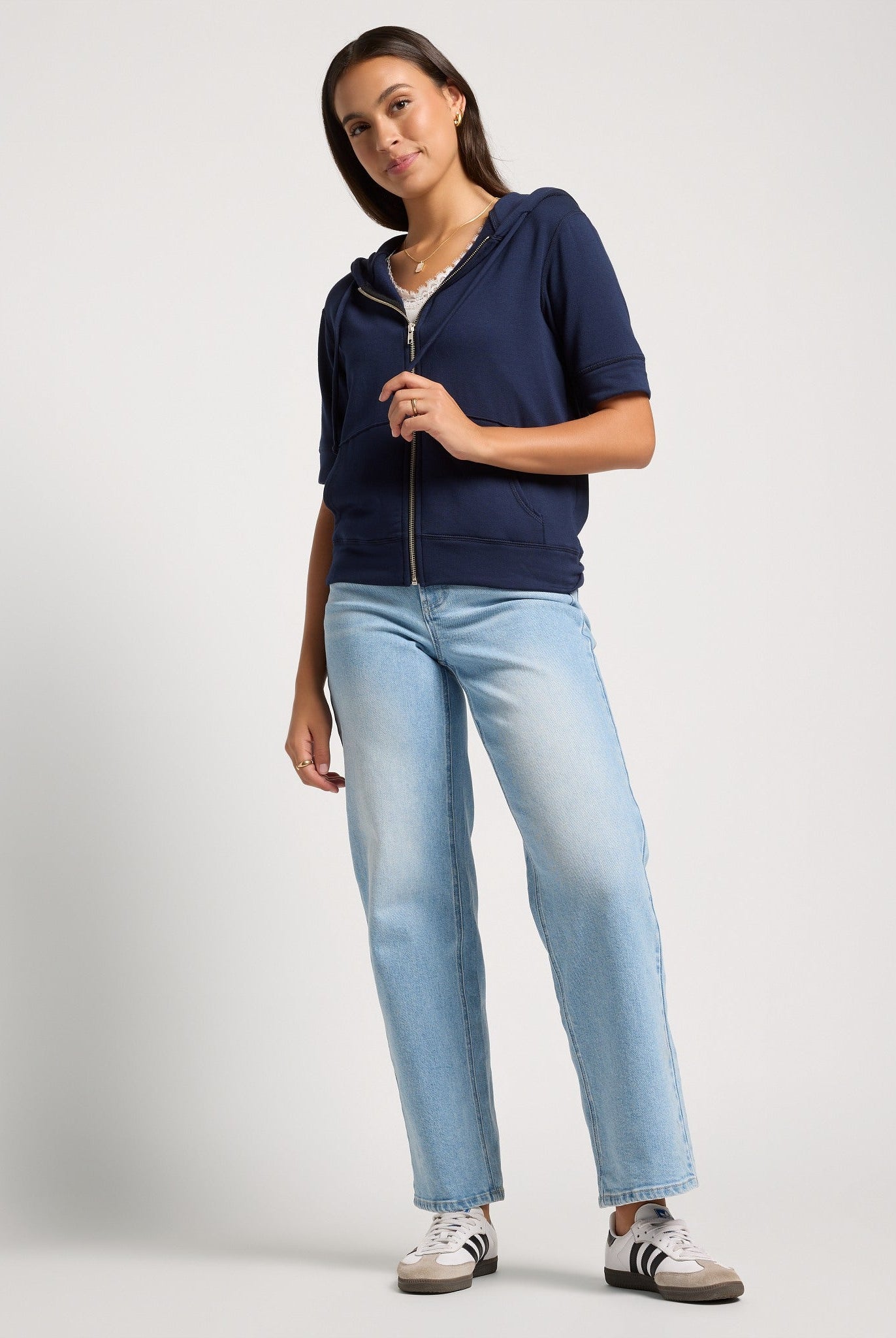 Navy $|& SEAS Short Sleeve Fleece Zip Up - UGC On Fig