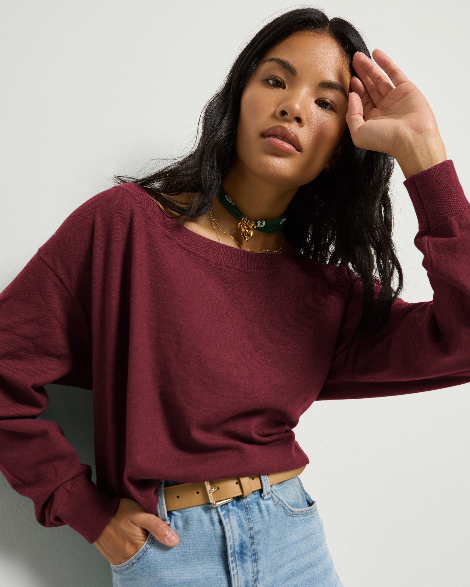 Black Cherry $|& SEAS Pacific One Shoulder Sweater - SOF Front