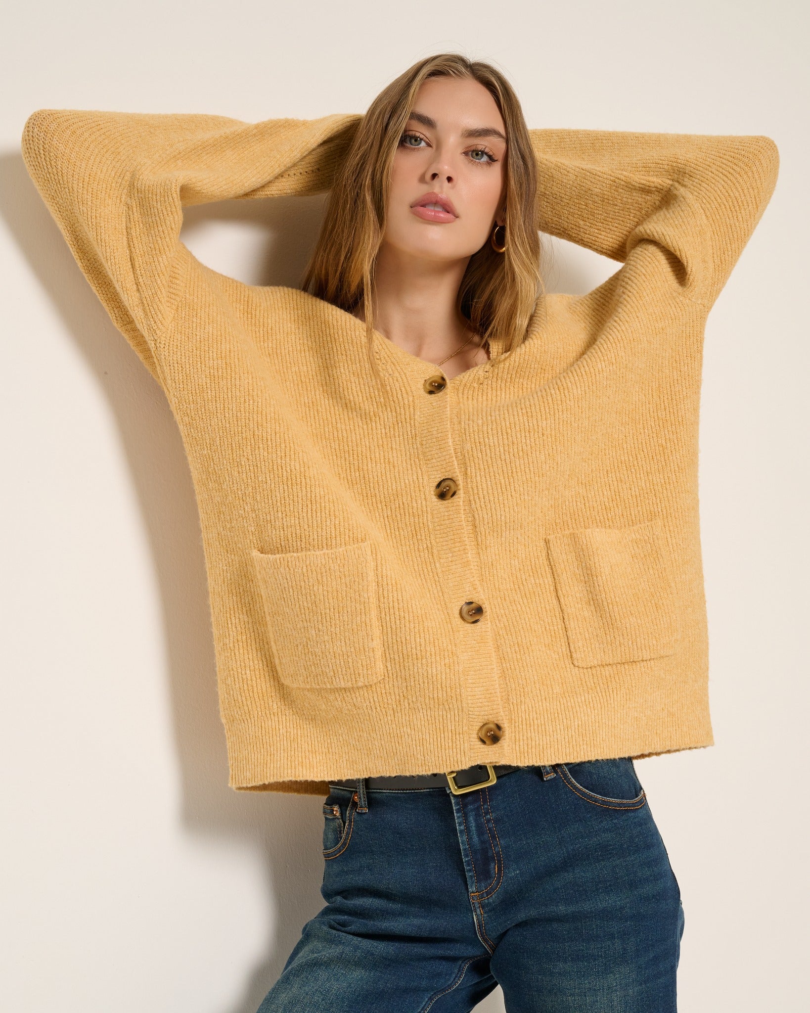 Heather Golden $|& SEAS Callie V-Neck Cardigan - VOF Front