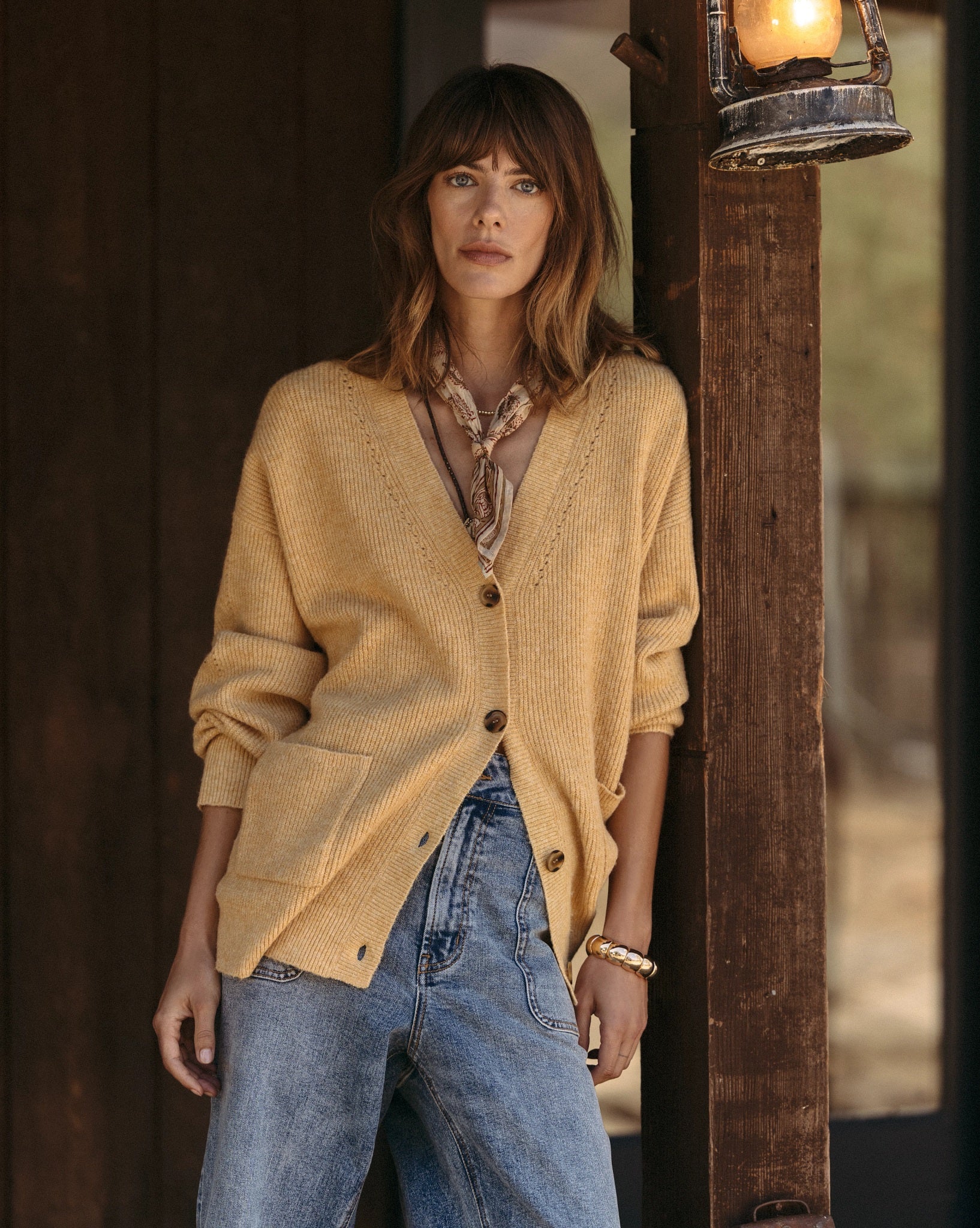 Heather Golden $|& SEAS Callie V-Neck Cardigan - SOF Side