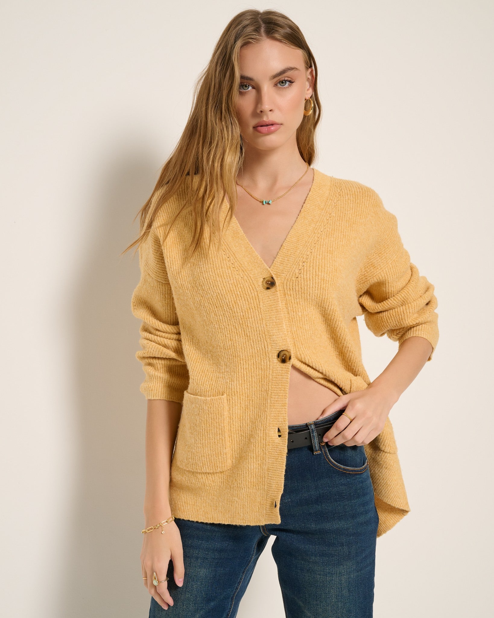Heather Golden $|& SEAS Callie V-Neck Cardigan - SOF Front
