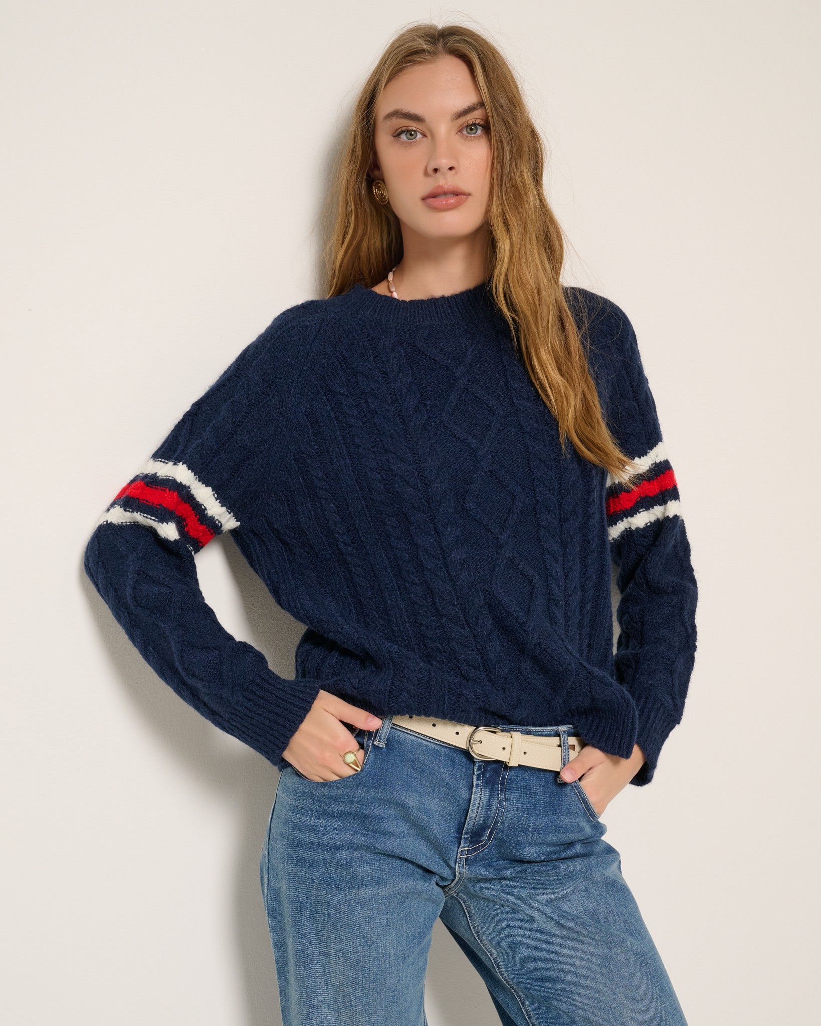 Mariner Midnight $|& SEAS Heritage Cable Knit Stripe Sweater - SOF Front