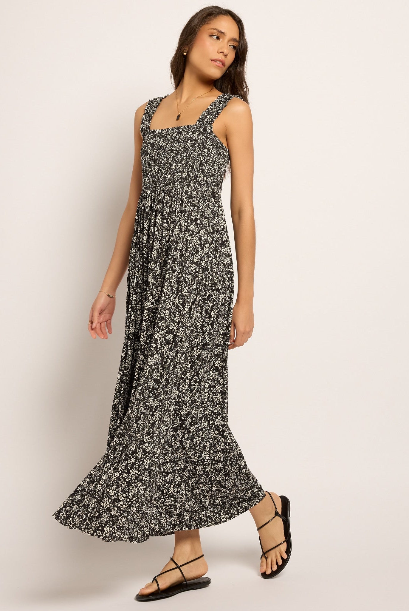 Black Floral $|& SEAS Westbreeze Printed Smocked Maxi Dress - VOF Front