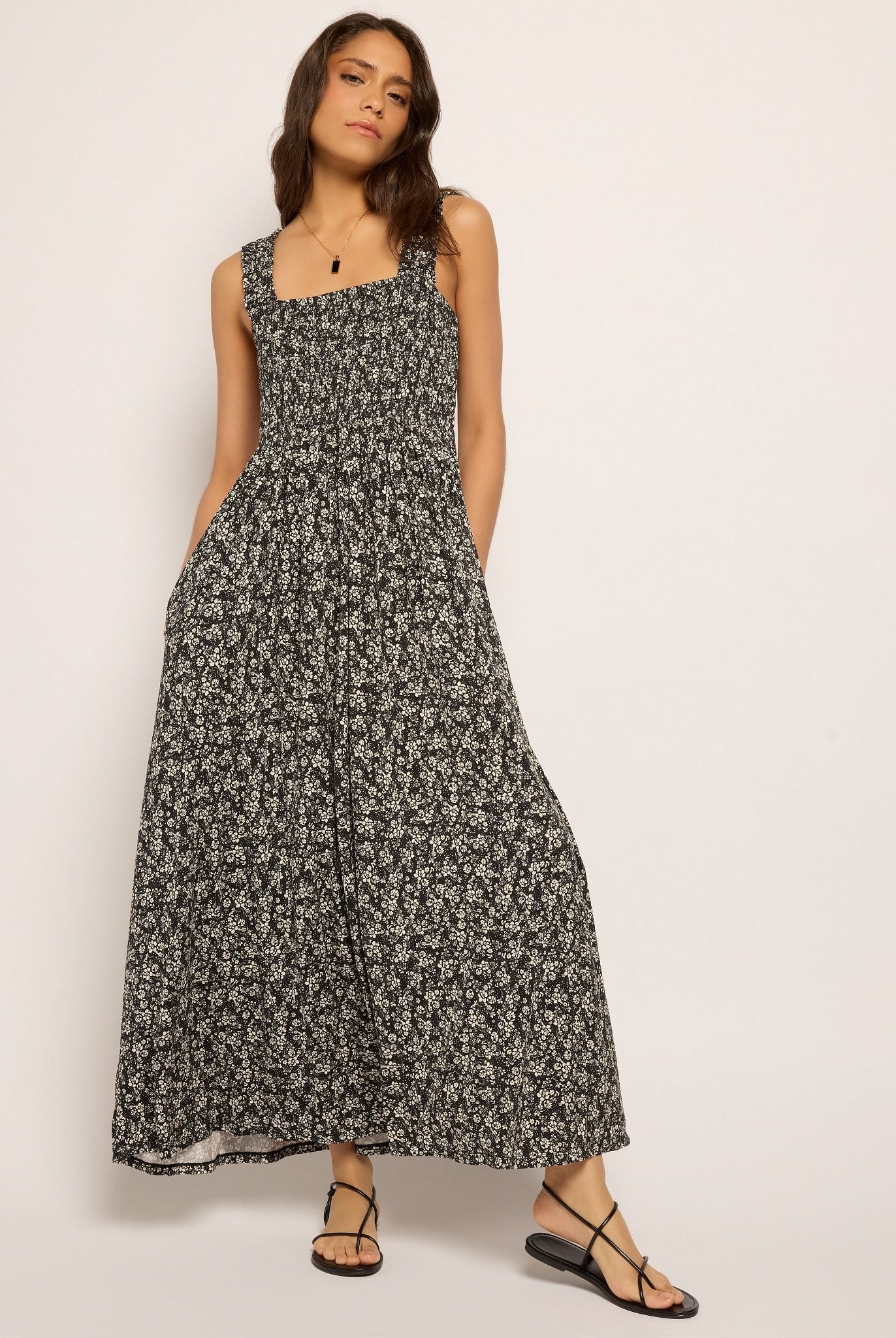 Black Floral $|& SEAS Westbreeze Printed Smocked Maxi Dress - UGC On Fig