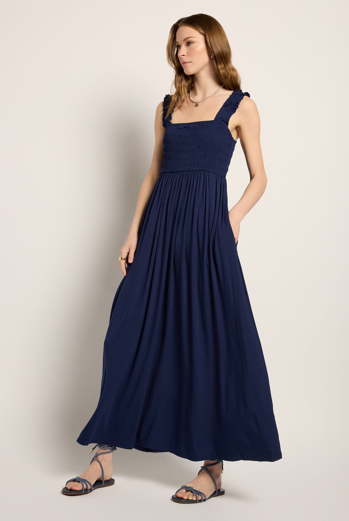 Navy $|& SEAS Westbreeze Smocked Maxi Dress - VOF Front