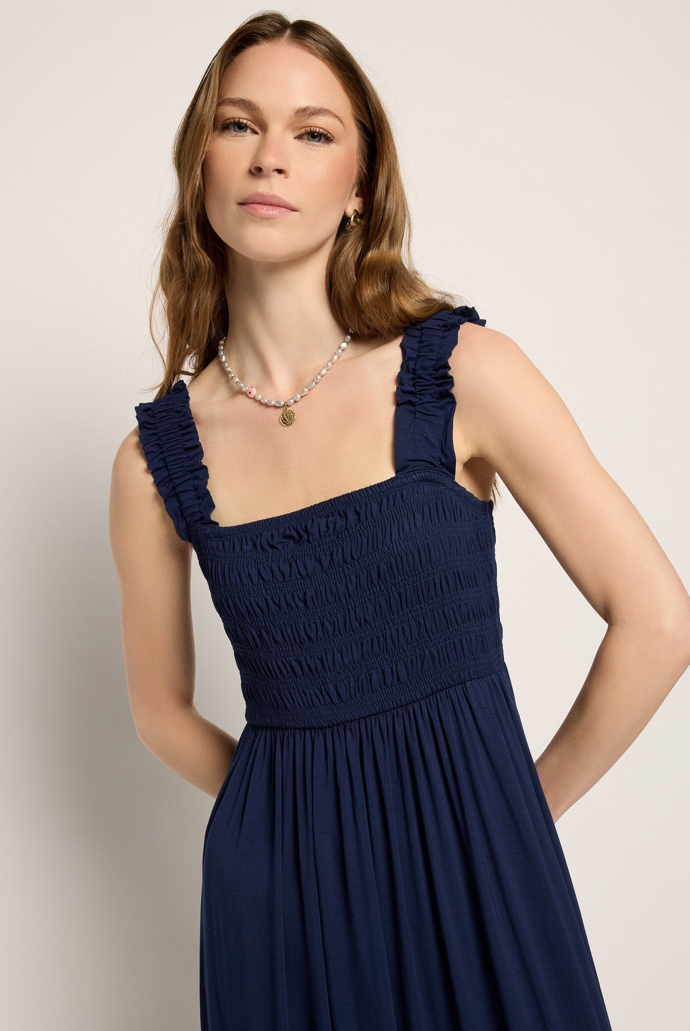 Navy $|& SEAS Westbreeze Smocked Maxi Dress - SOF Front
