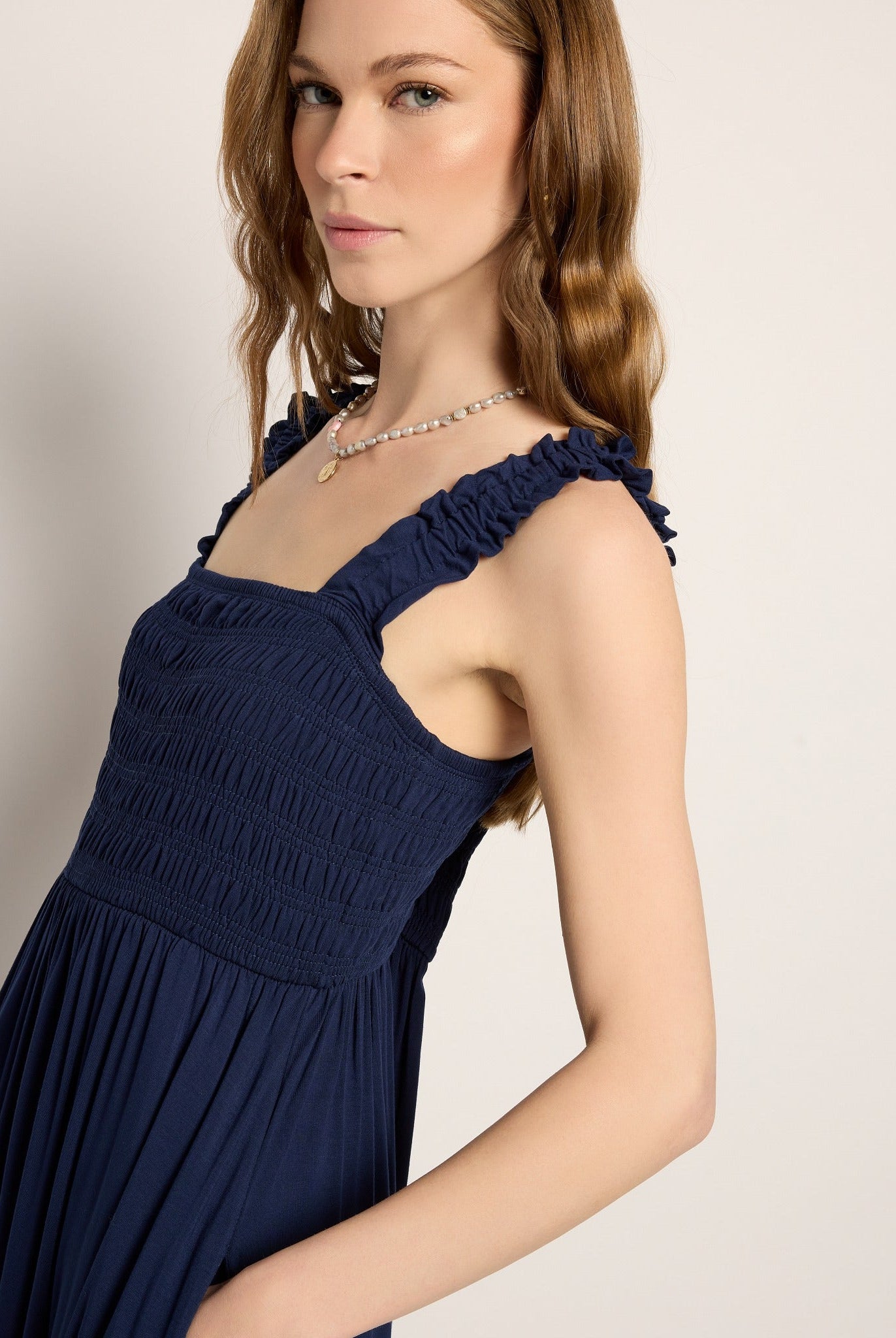 Navy $|& SEAS Westbreeze Smocked Maxi Dress - SOF Full Front