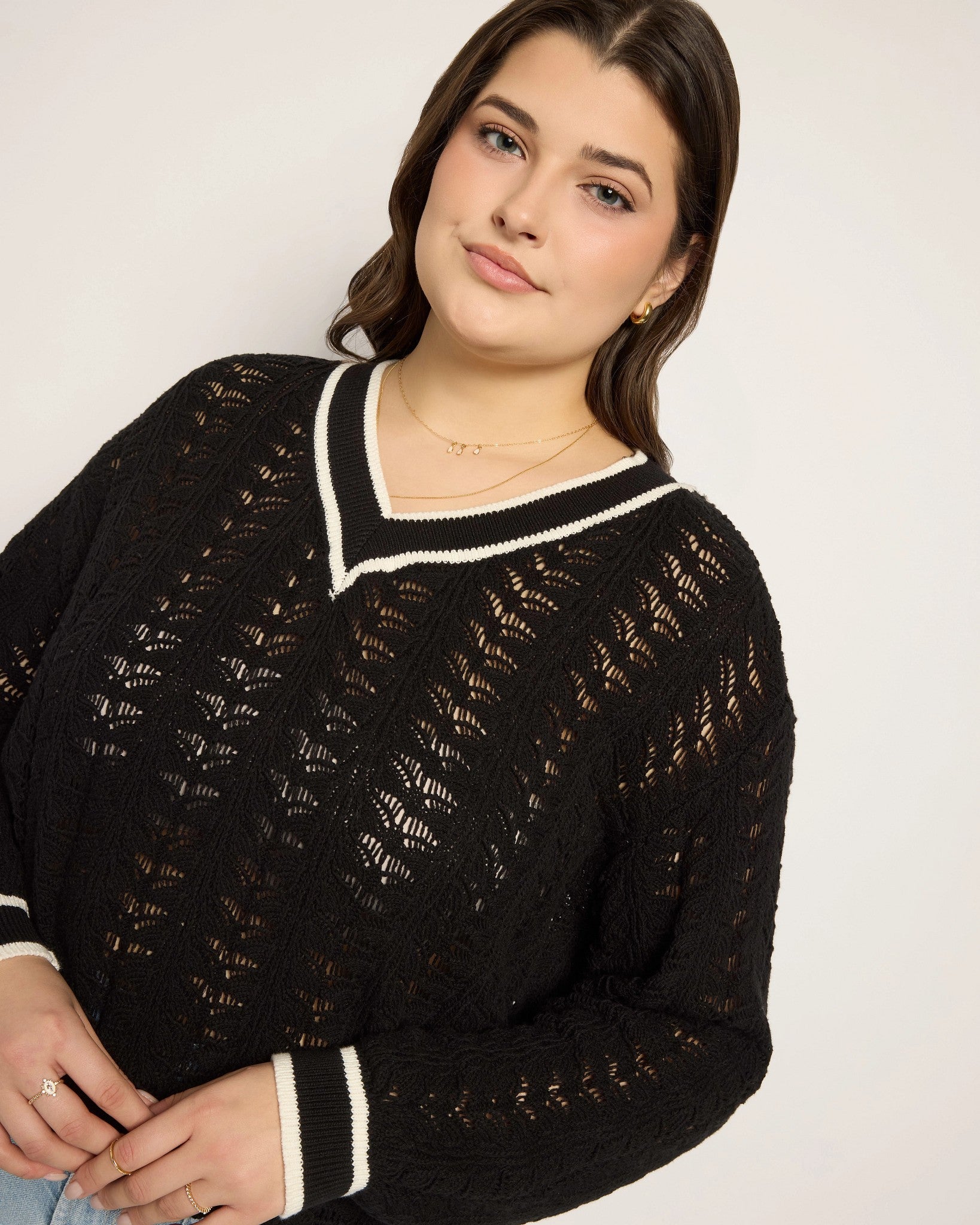 Black $|& SEAS Sandyshores Pointelle V-Neck Sweater - VOF Front