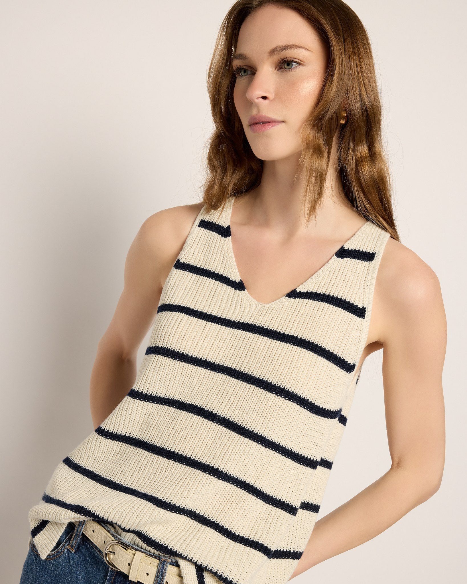 Cream/Navy Stripe $|& SEAS Coastal V-Neck Stripe Sweater Tank - SOF Full Front
