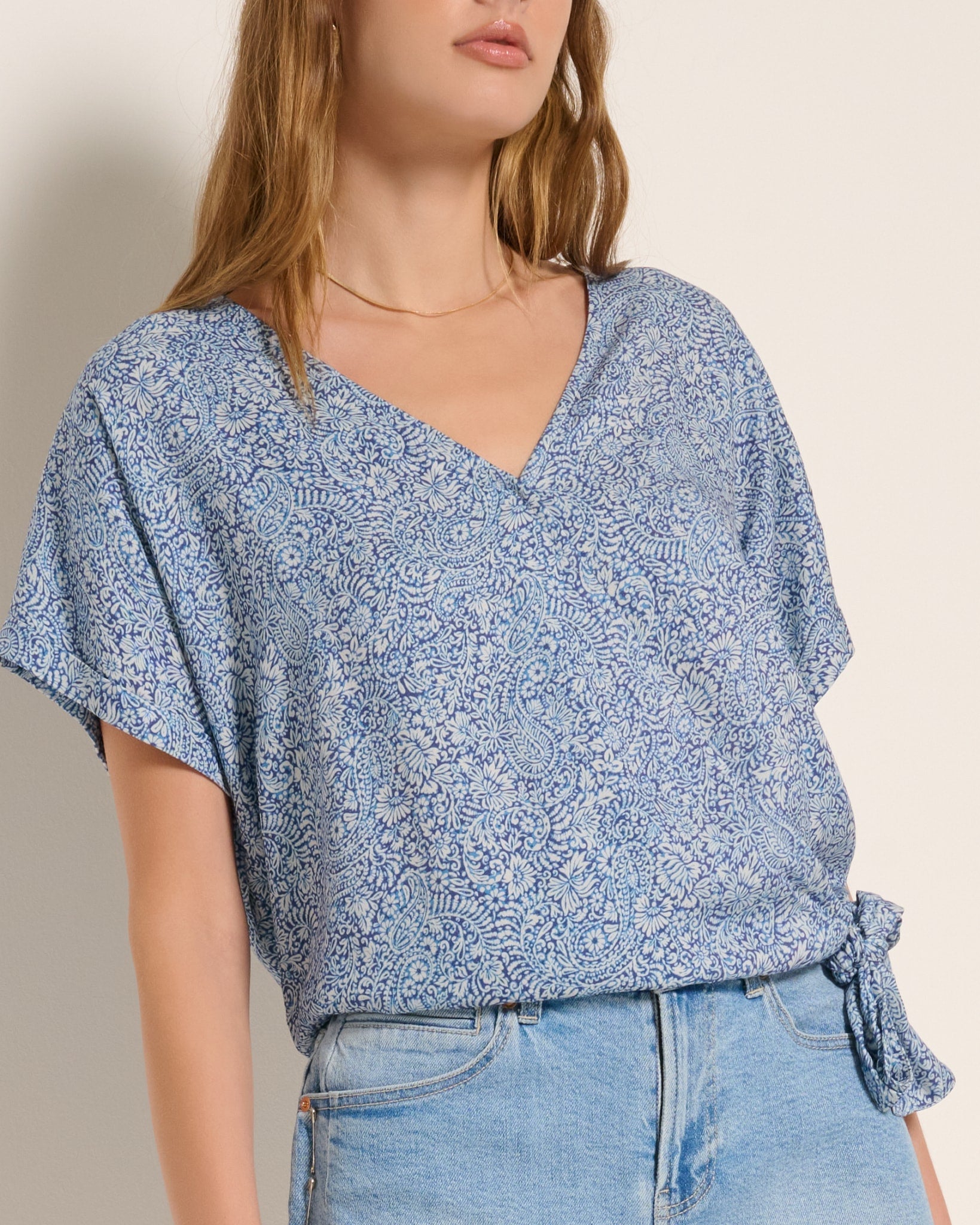 Indigo Haze $|& SEAS Surplice Short Sleeve Top - SOF Full Front