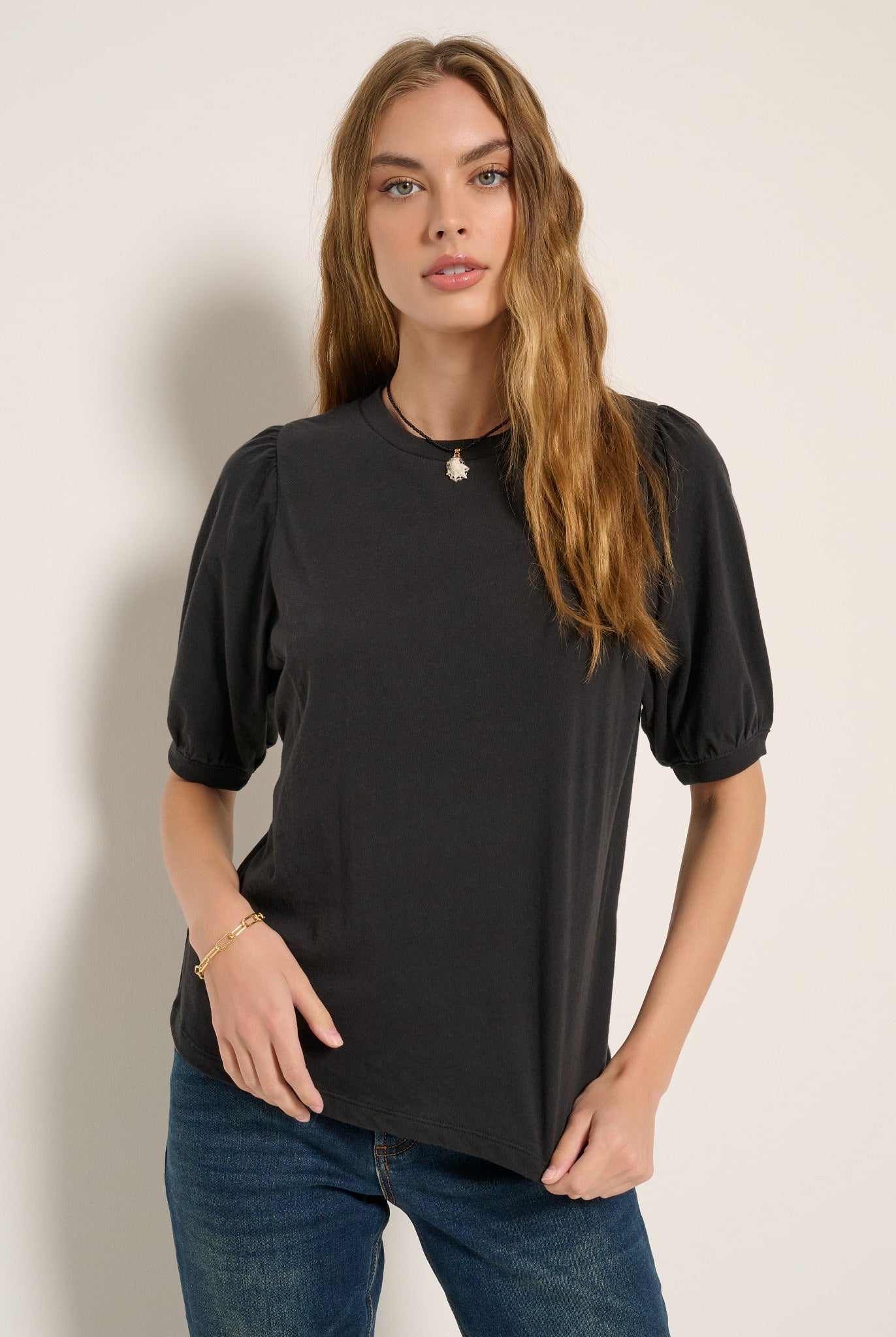 Faded Black $|& SEAS Meadow Shirred Sleeve Tee - VOF Front