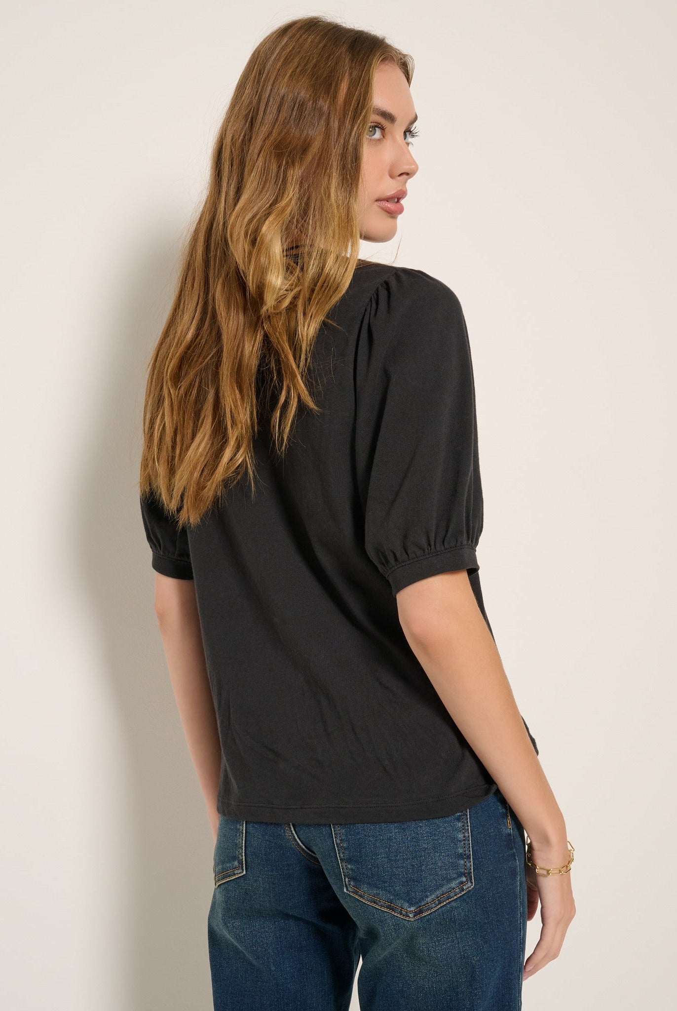 Faded Black $|& SEAS Meadow Shirred Sleeve Tee - SOF Back