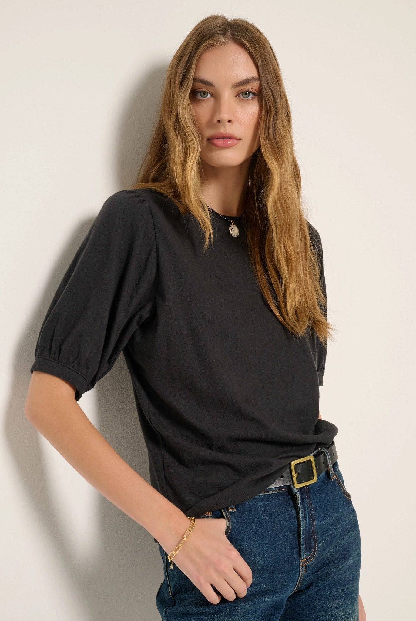 Faded Black $|& SEAS Meadow Shirred Sleeve Tee - SOF Front