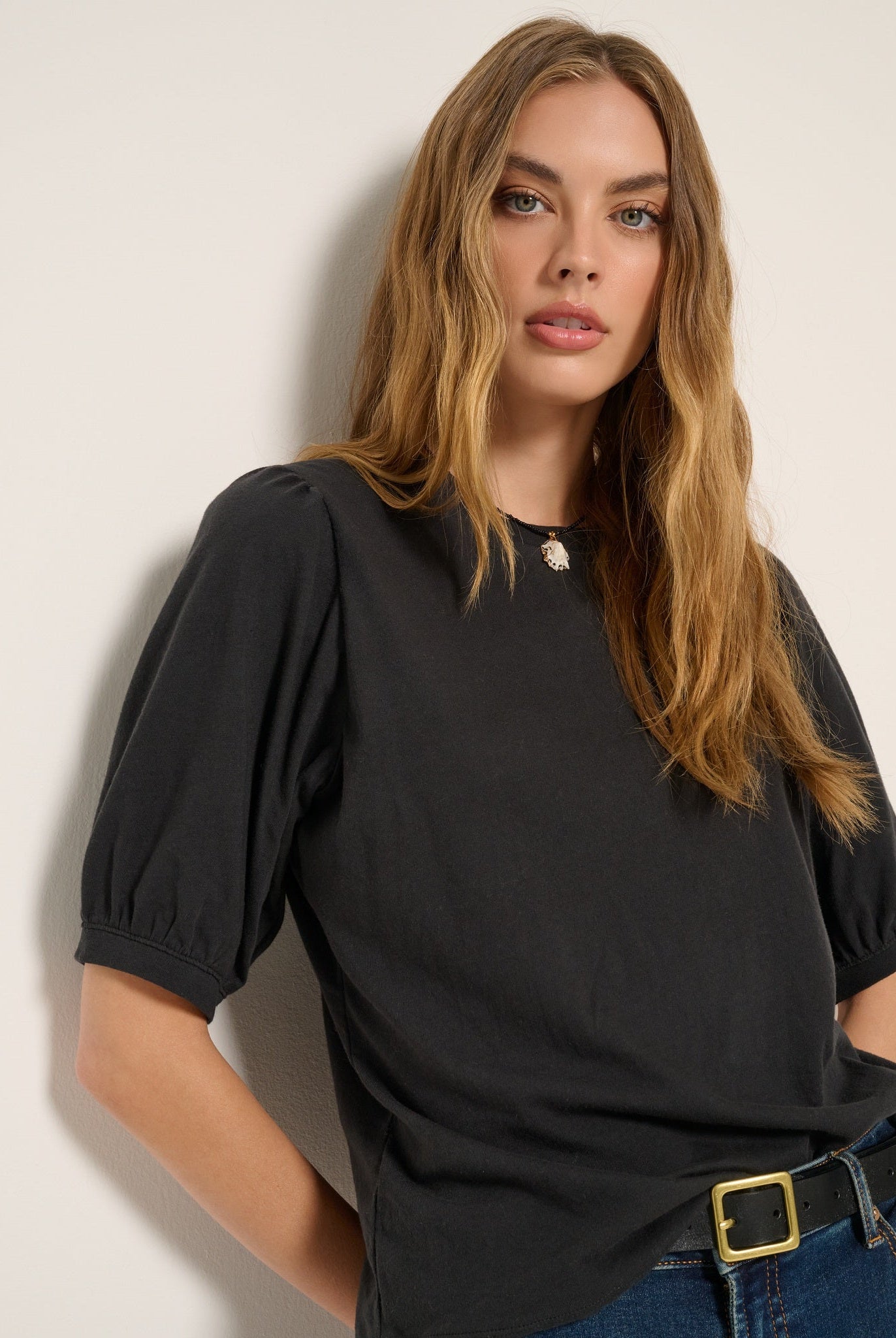 Faded Black $|& SEAS Meadow Shirred Sleeve Tee - VOF Side